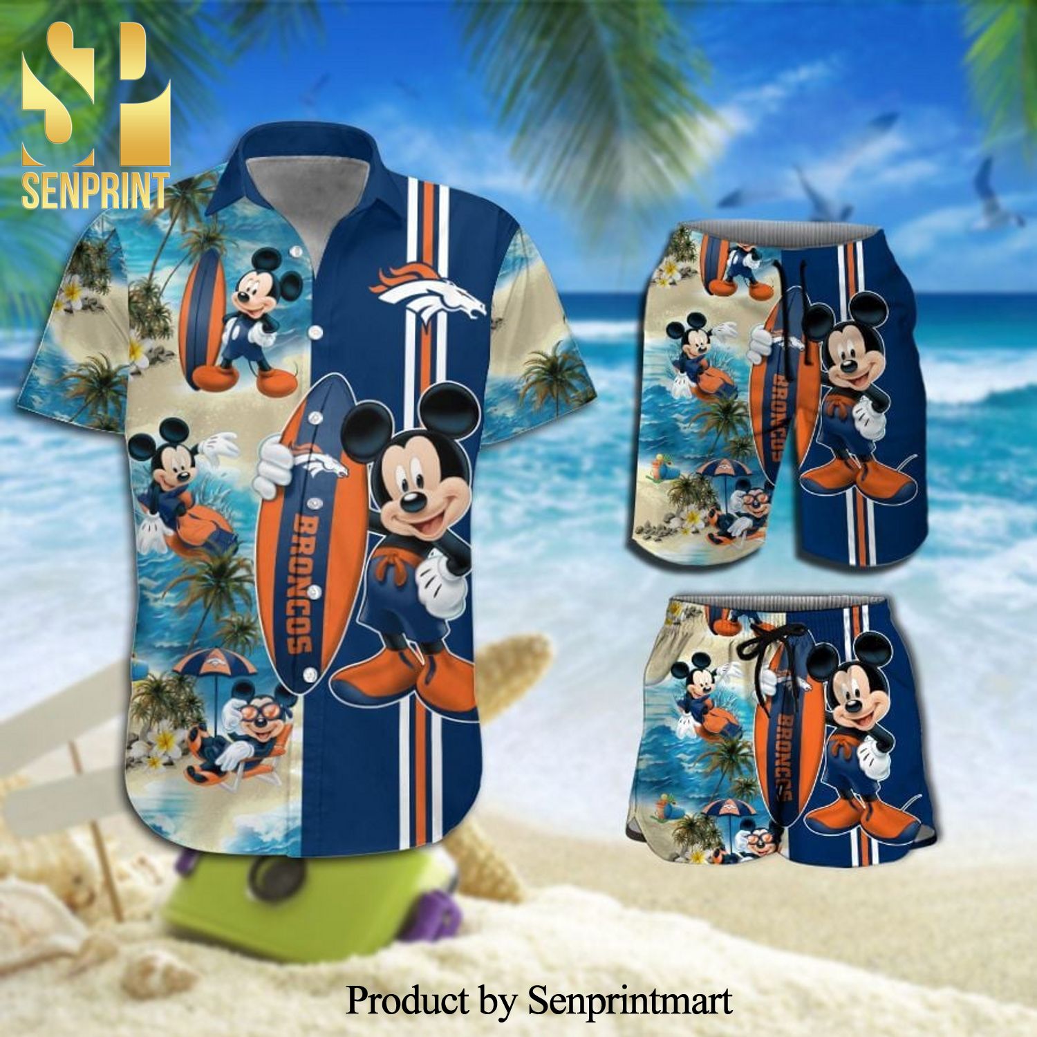 Denver Broncos Mickey Mouse Surfing On The Beach Full Printing Combo Hawaiian Shirt And Beach Shorts – Navy