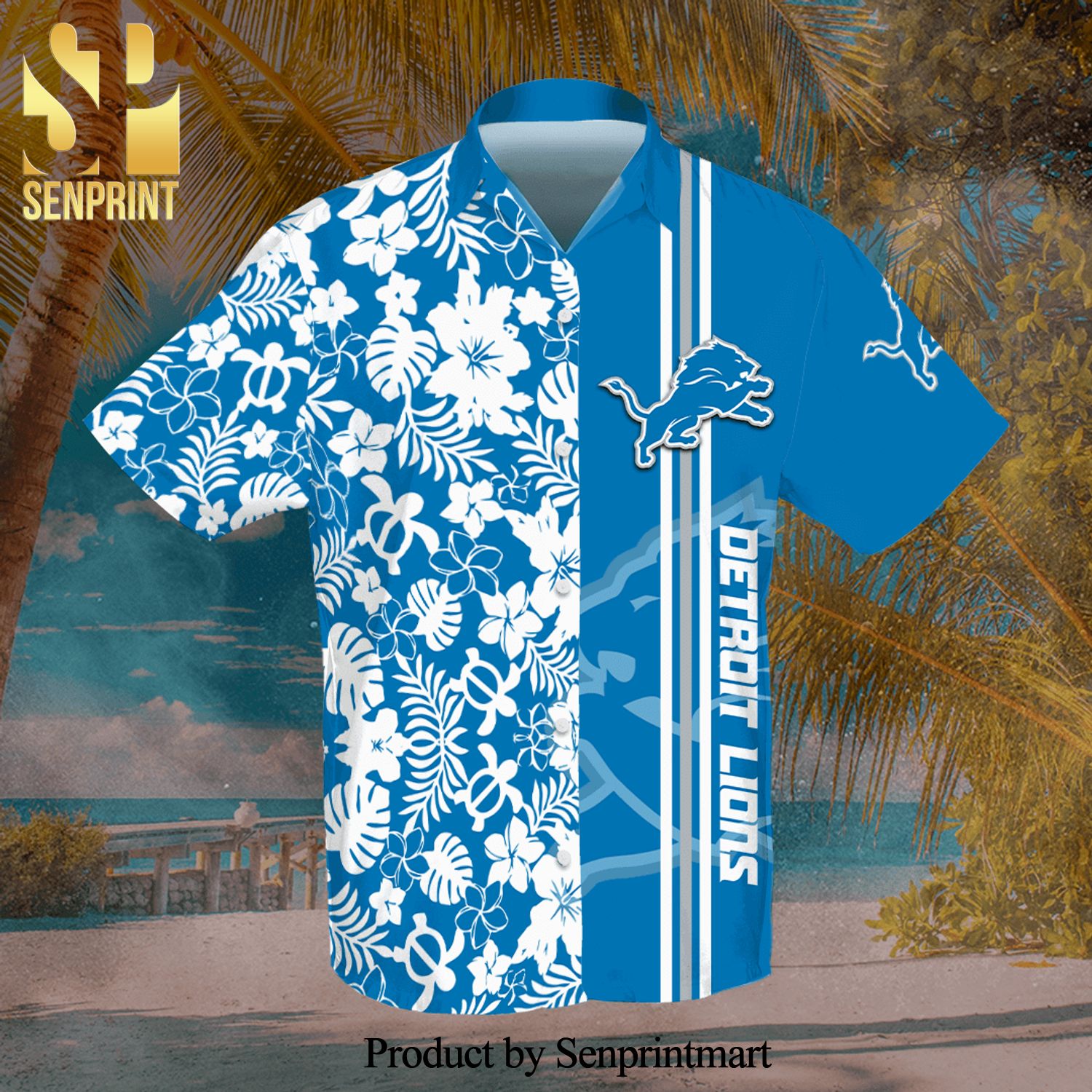Detroit Lions Full Printing Flowery Short Sleeve Dress Shirt Hawaiian Summer Aloha Beach Shirt – Blue