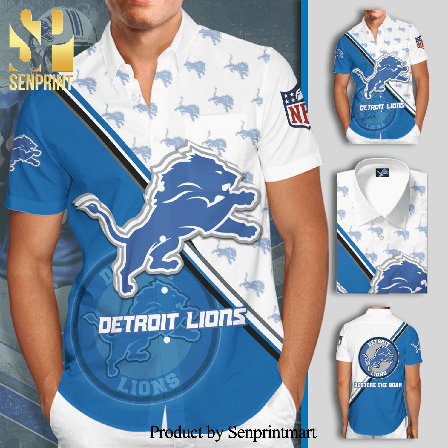 Detroit Lions Full Printing Short Sleeve Dress Shirt Hawaiian Summer Aloha Beach Shirt – Blue White