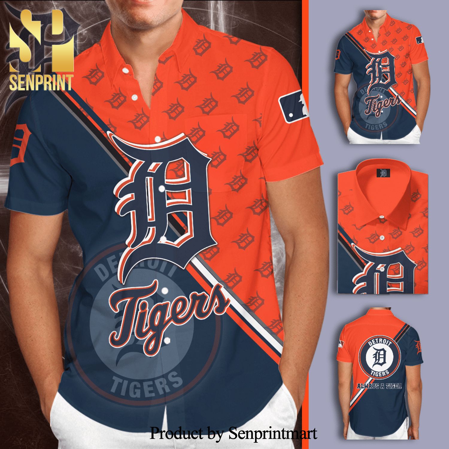 Detroit Tigers Full Printing Short Sleeve Dress Shirt Hawaiian Summer Aloha Beach Shirt – Orange Cobalt