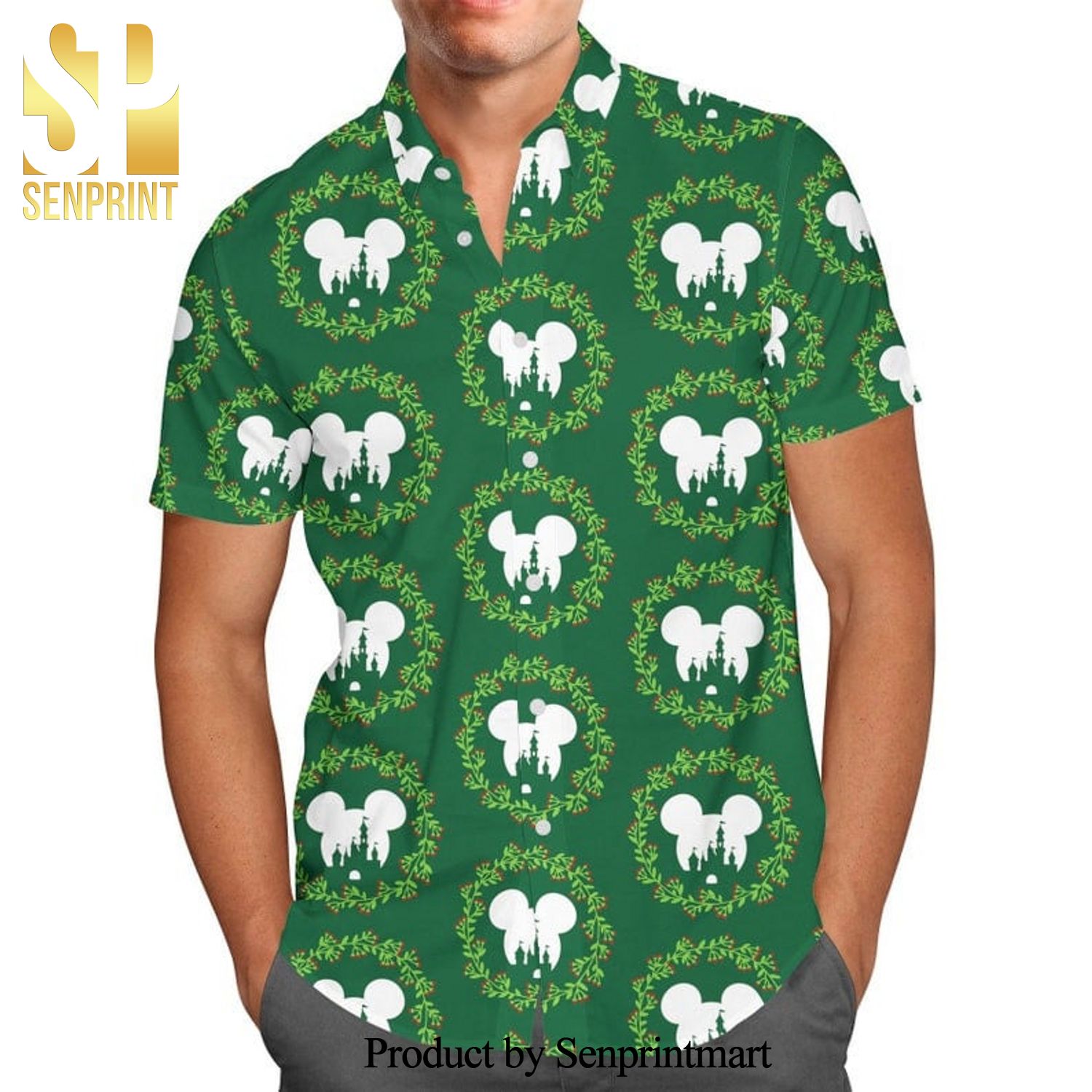 Disney Castle Christmas Wreath Mickey Mouse Full Printing Hawaiian Shirt – Green