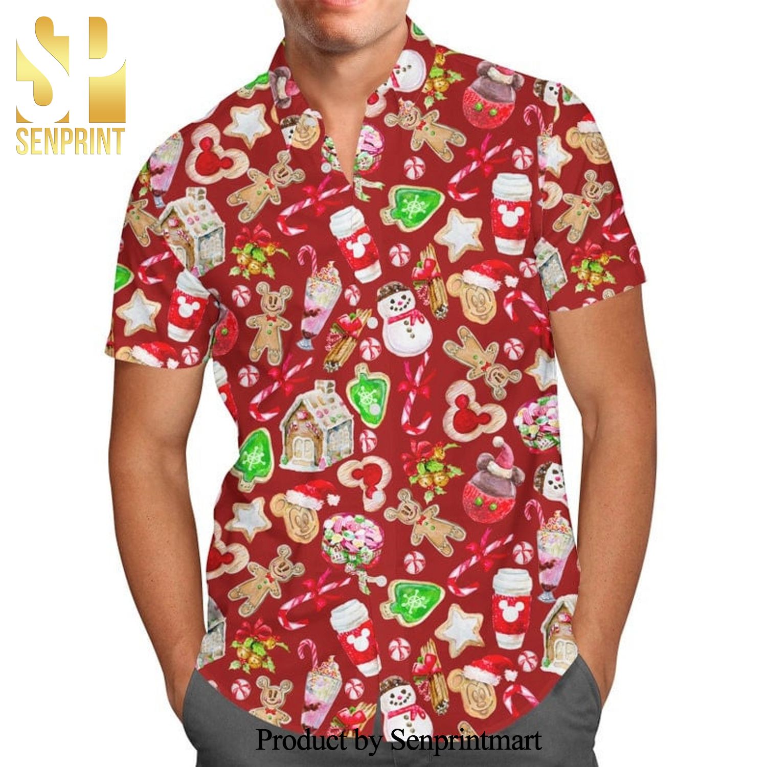 Disney Christmas Snack Cartoon Graphics Full Printing Hawaiian Shirt – Red