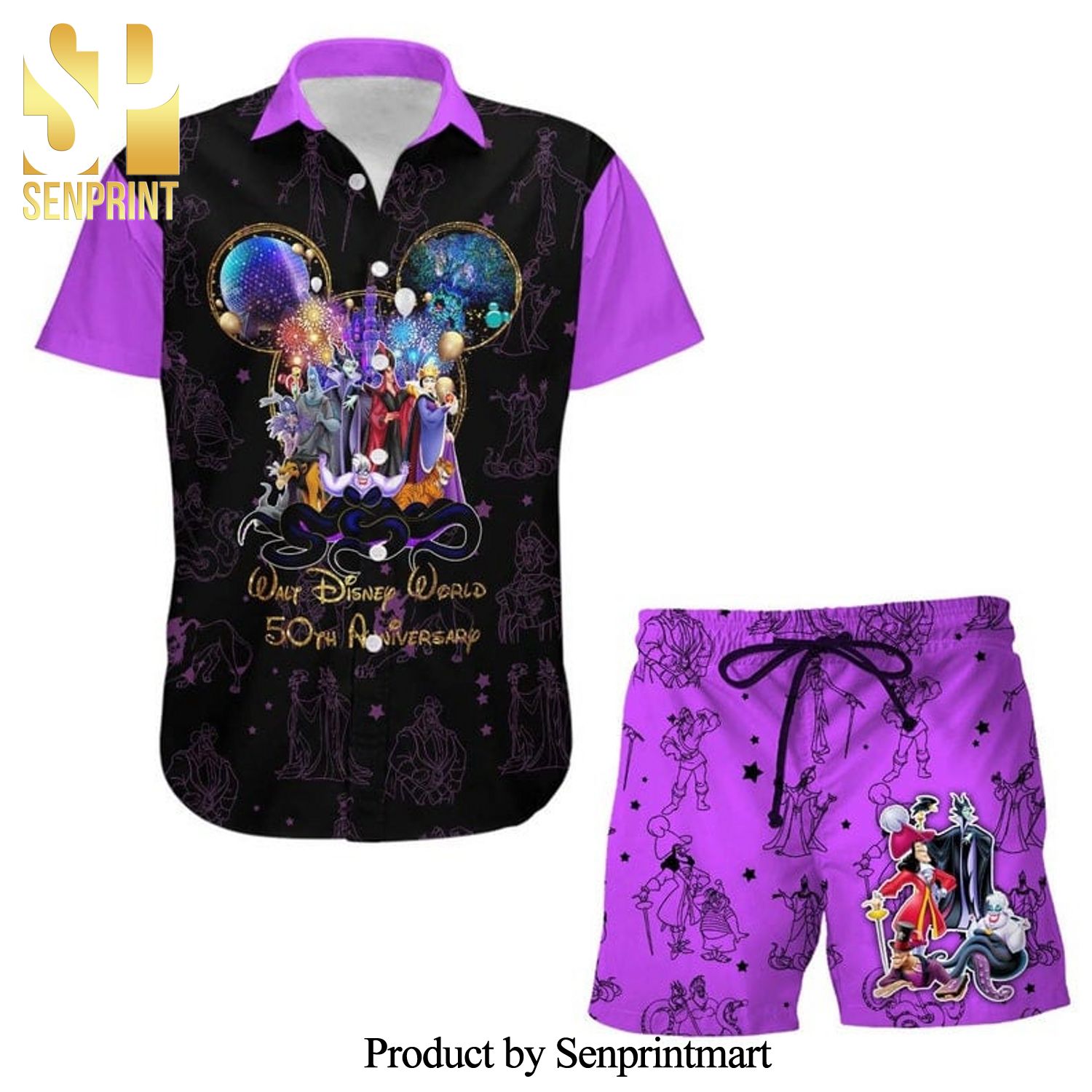 Disney Villains 50th Anniversary Glitter Disney Castle Full Printing Combo Hawaiian Shirt And Beach Shorts – Black Purple