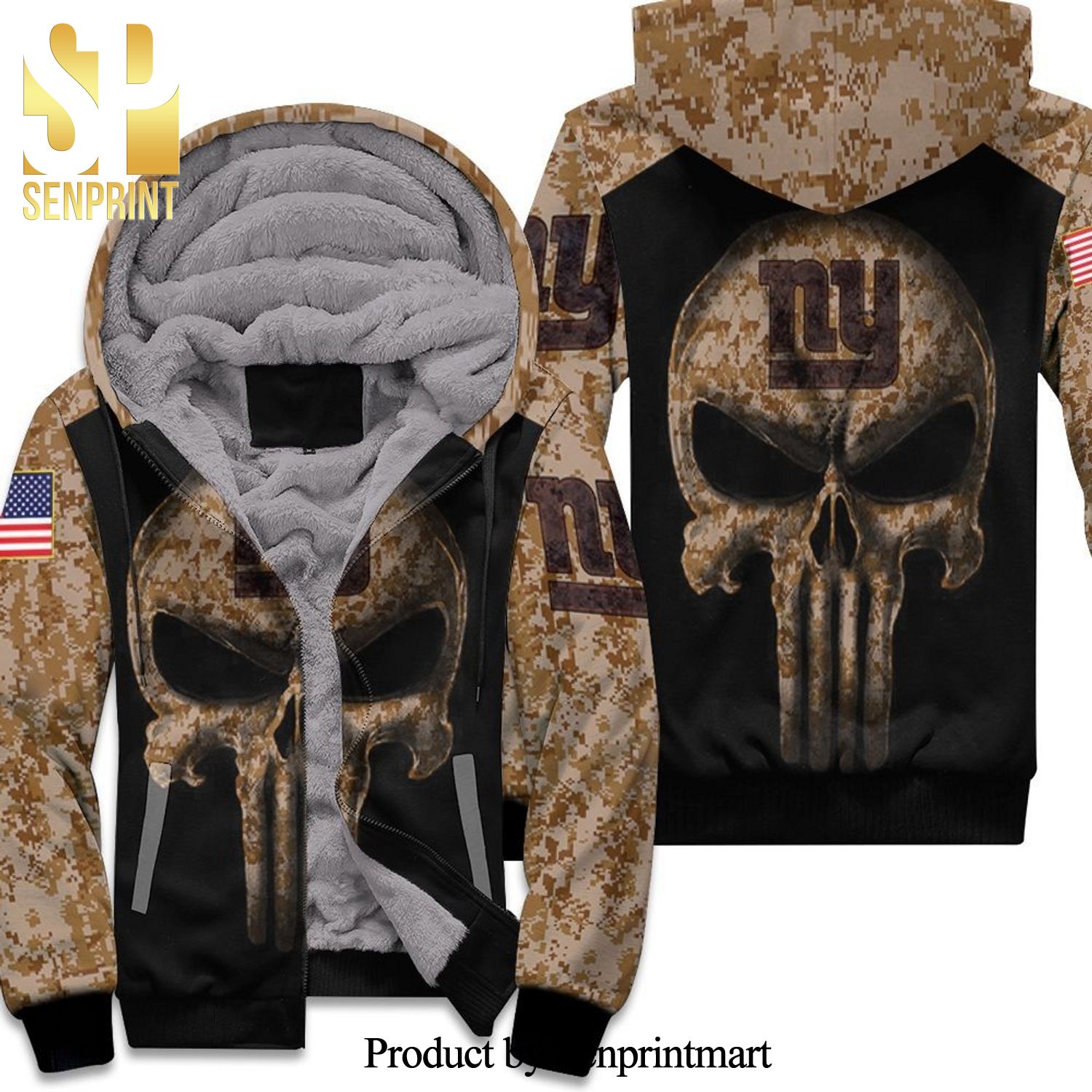 Camouflage Skull New York Giants American Flag 3D Unisex Fleece Hoodie