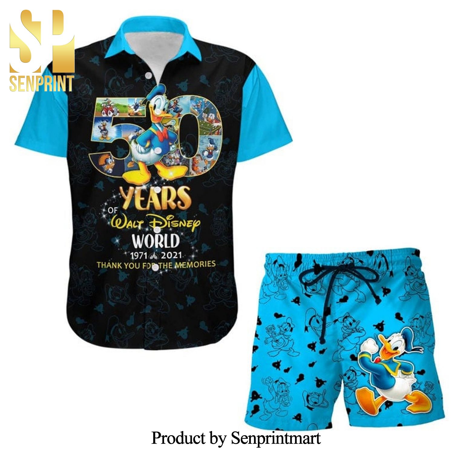 Donald Duck 50th Anniversary Glitter Disney Castle Full Printing Combo Hawaiian Shirt And Beach Shorts – Black Blue