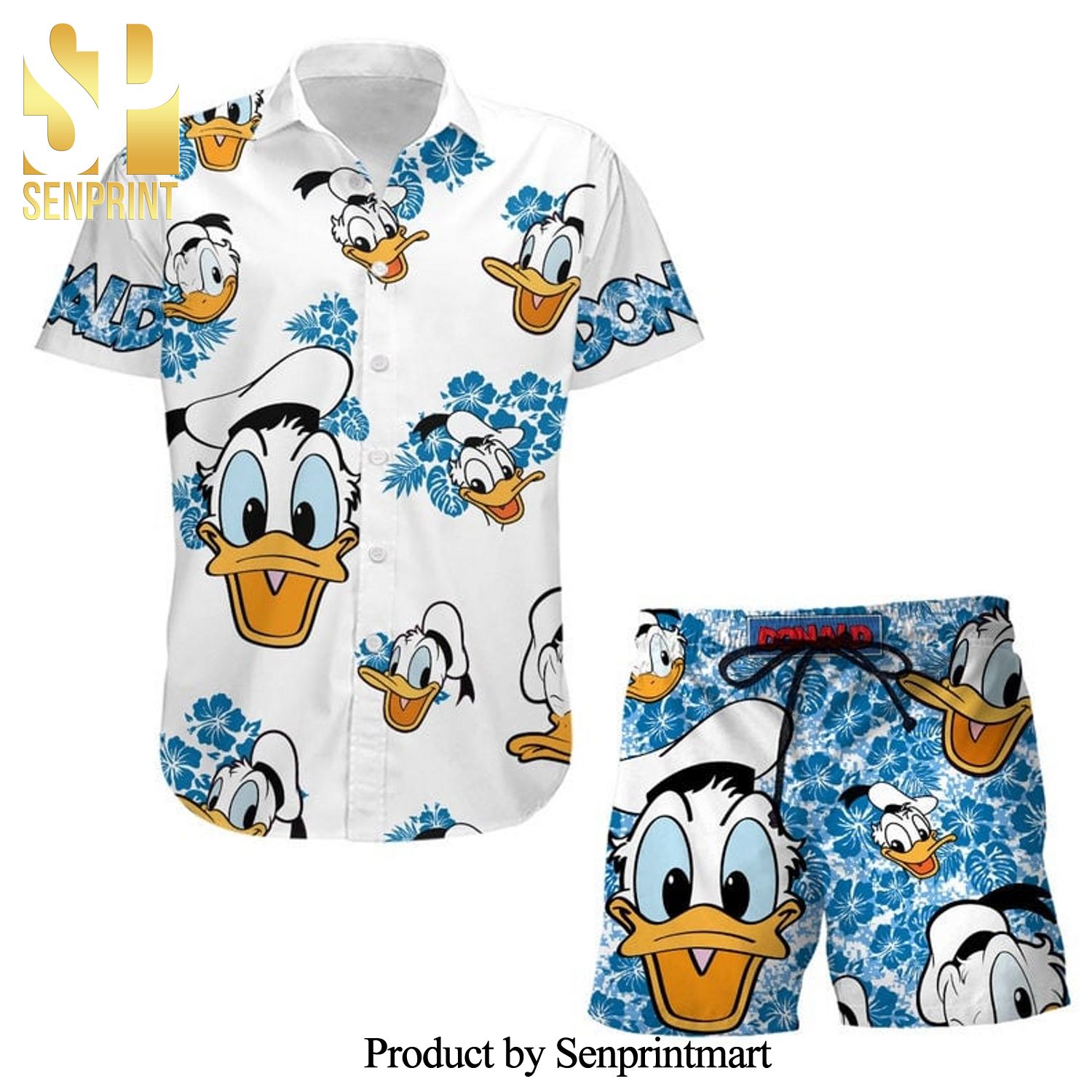 Donald Duck Hibiscus Disney Cartoon Graphics Full Printing Combo Hawaiian Shirt And Beach Shorts – White Blue