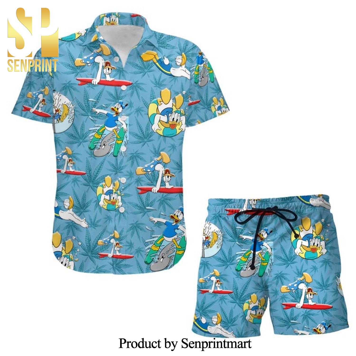 Donald Duck Surfing Disney Cartoon Graphics Full Printing Combo Hawaiian Shirt And Beach Shorts – Blue