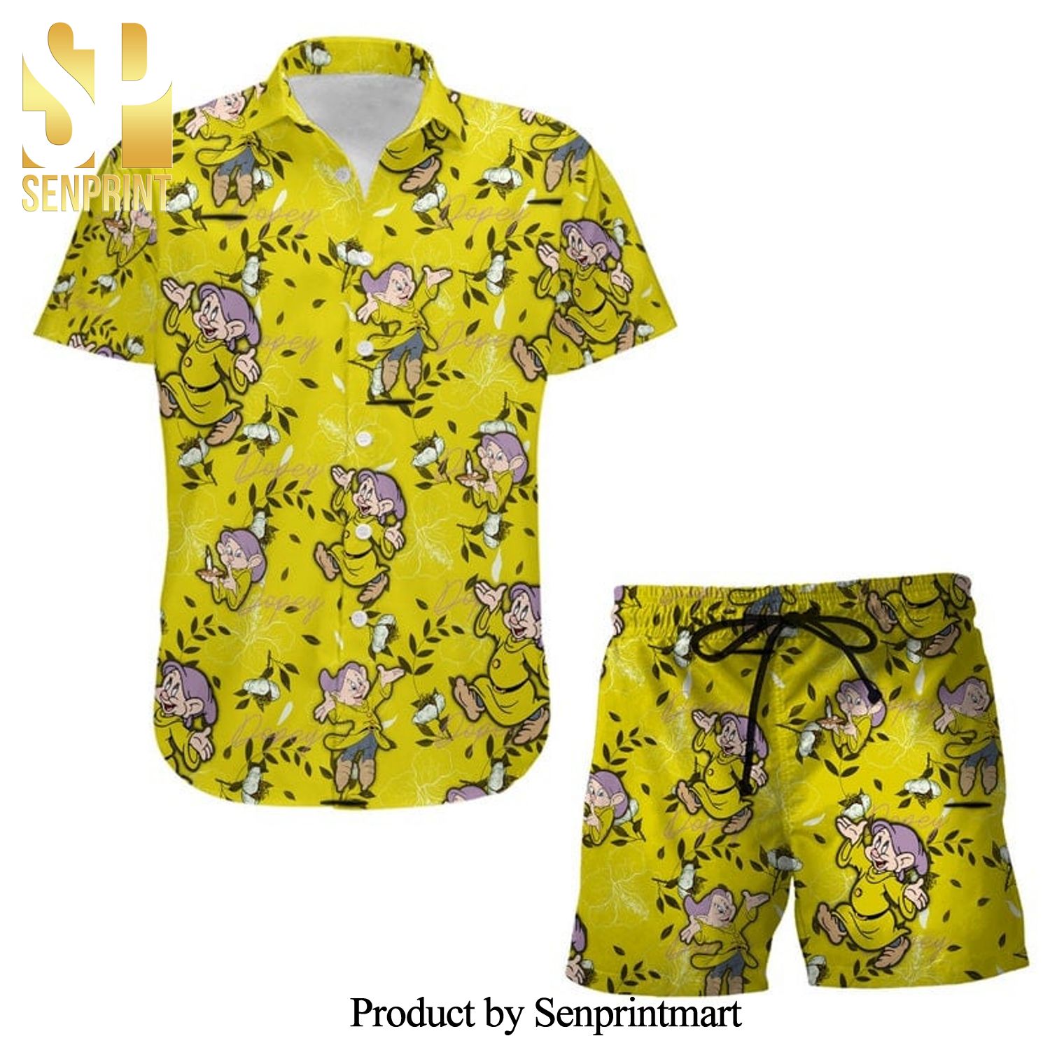 Dopey Dwarf Leafy Snow White Disney Cartoon Graphics Full Printing Combo Hawaiian Shirt And Beach Shorts