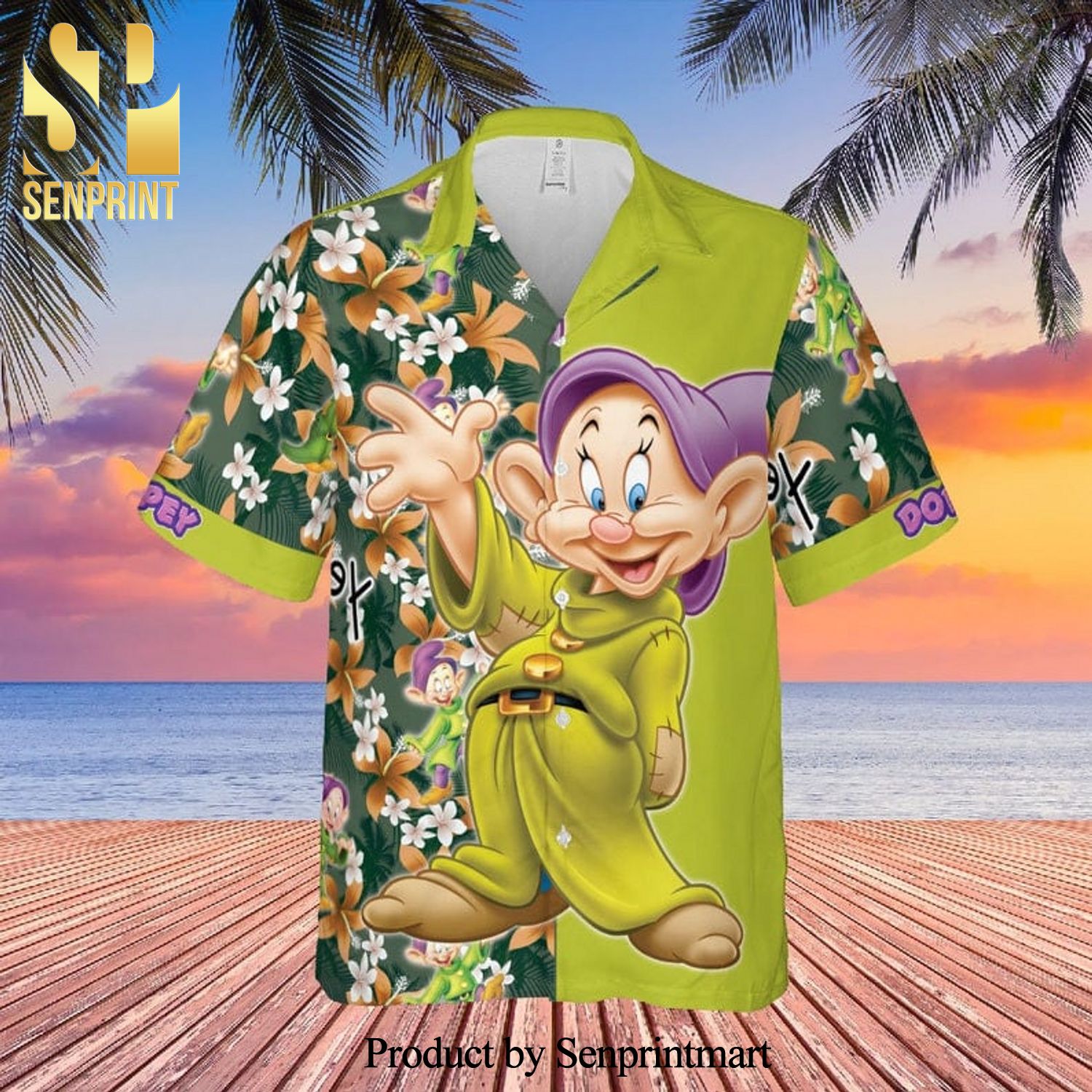 Dopey Dwarf Snow White Disney Cartoon Graphics Floral Pattern Full Printing Hawaiian Shirt – Green