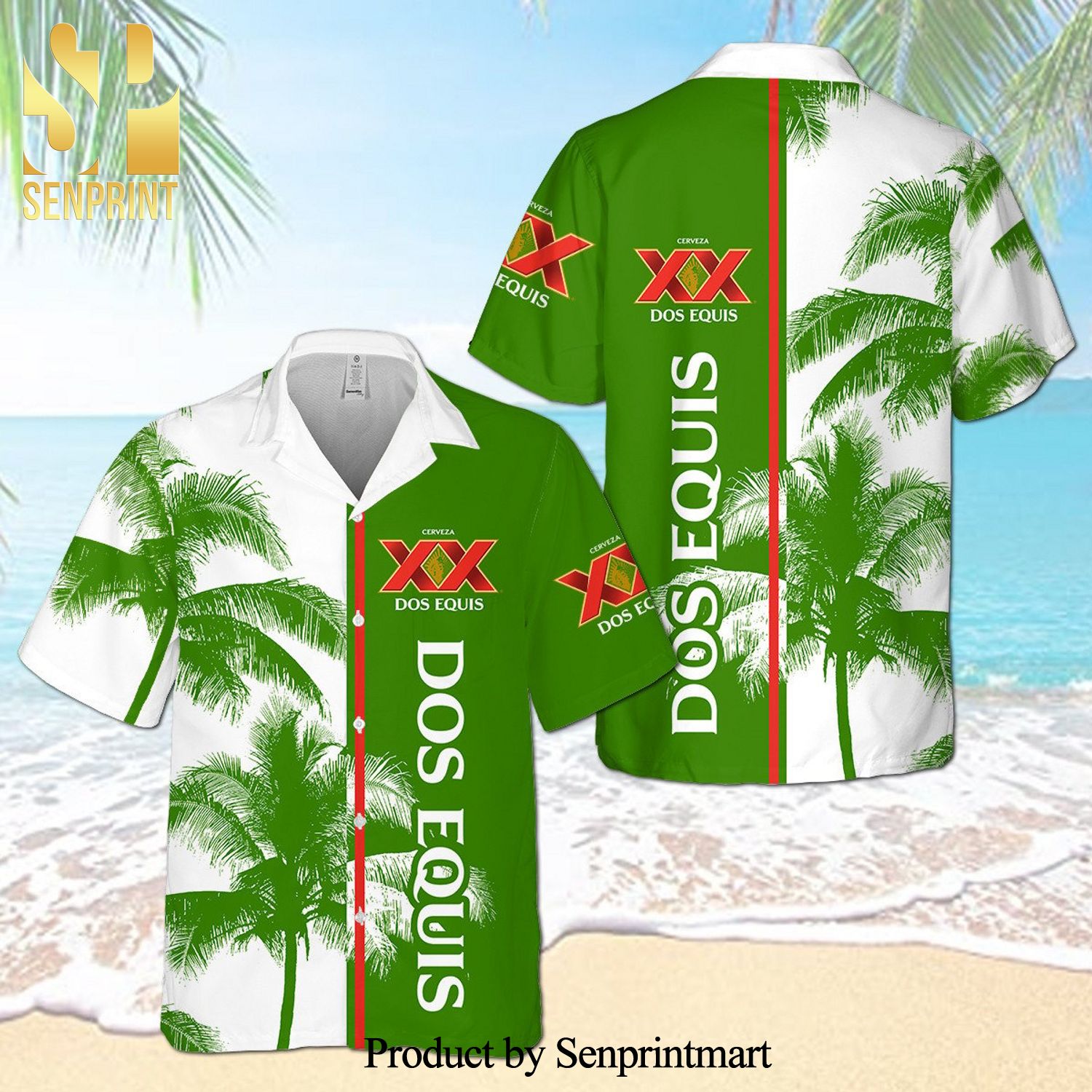 Dos Equis Palm Tree Full Printing Aloha Summer Beach Hawaiian Shirt – White Green