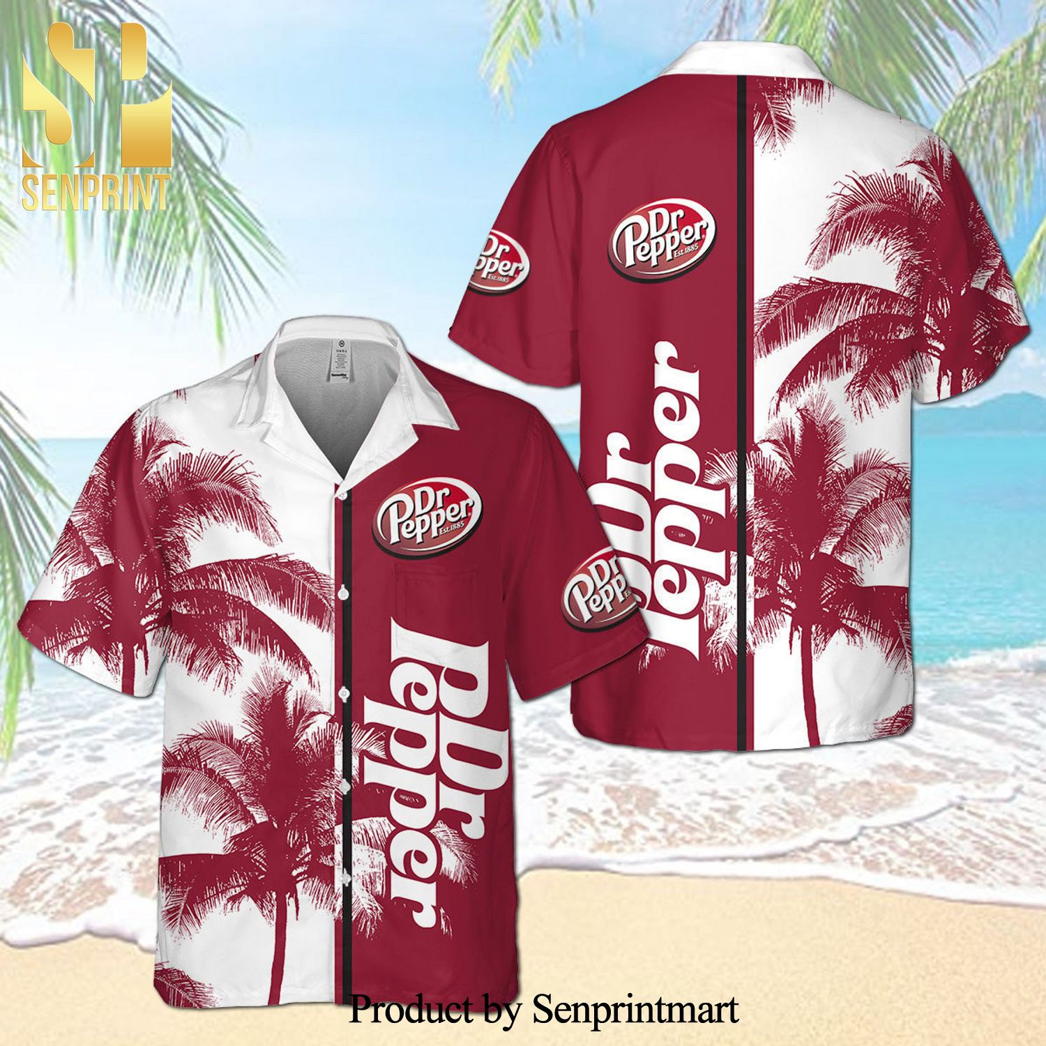 Dr Pepper Palm Tree Full Printing Aloha Summer Beach Hawaiian Shirt – White Red