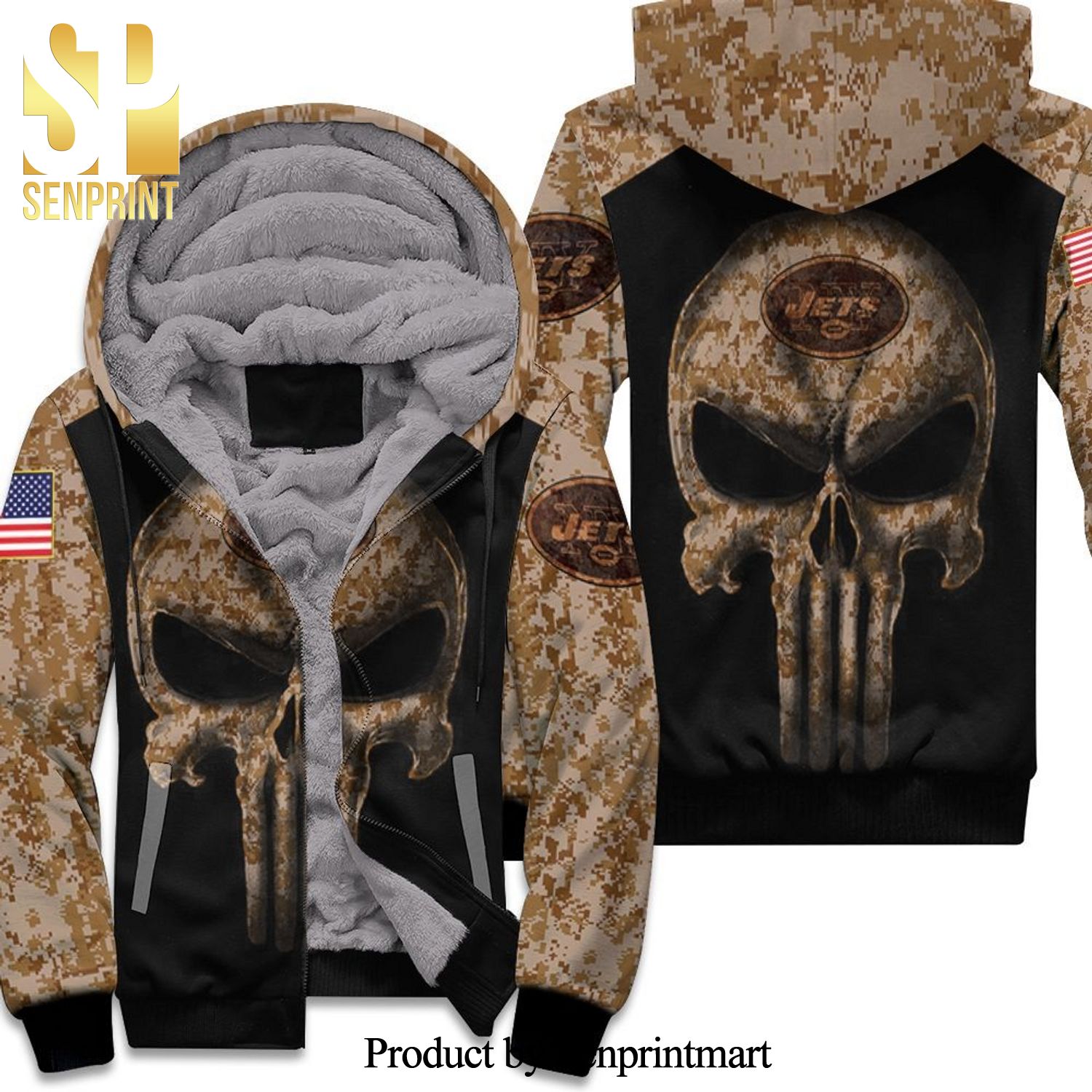 Camouflage Skull New York Jets American Flag All Over Print Unisex Fleece Hoodie