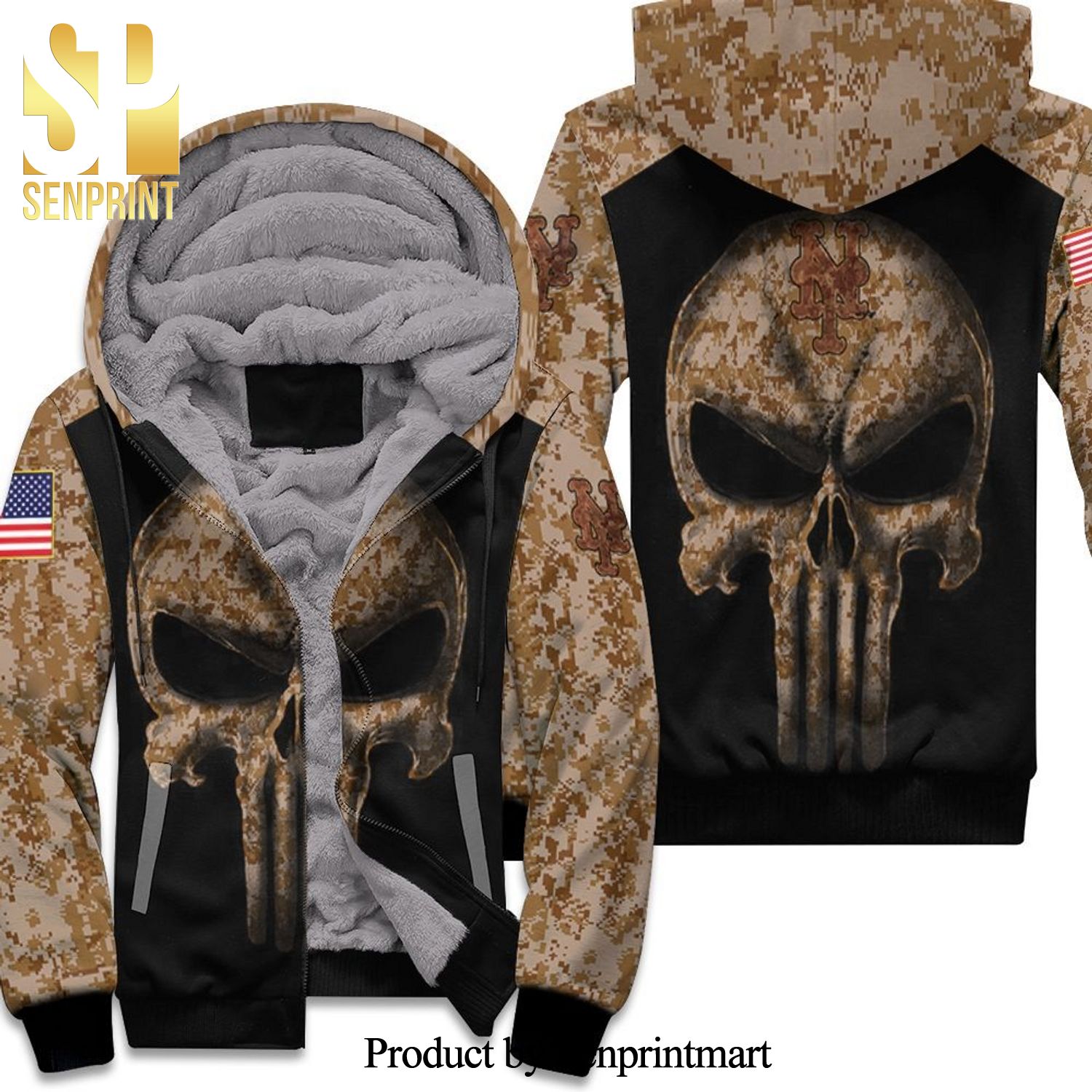 Camouflage Skull New York Mets American Flag Full Printed Unisex Fleece Hoodie