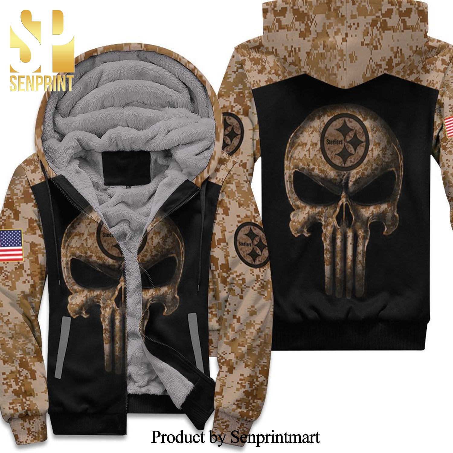 Camouflage Skull Pittsburgh Steelers American Flag For Fans Unisex Fleece Hoodie