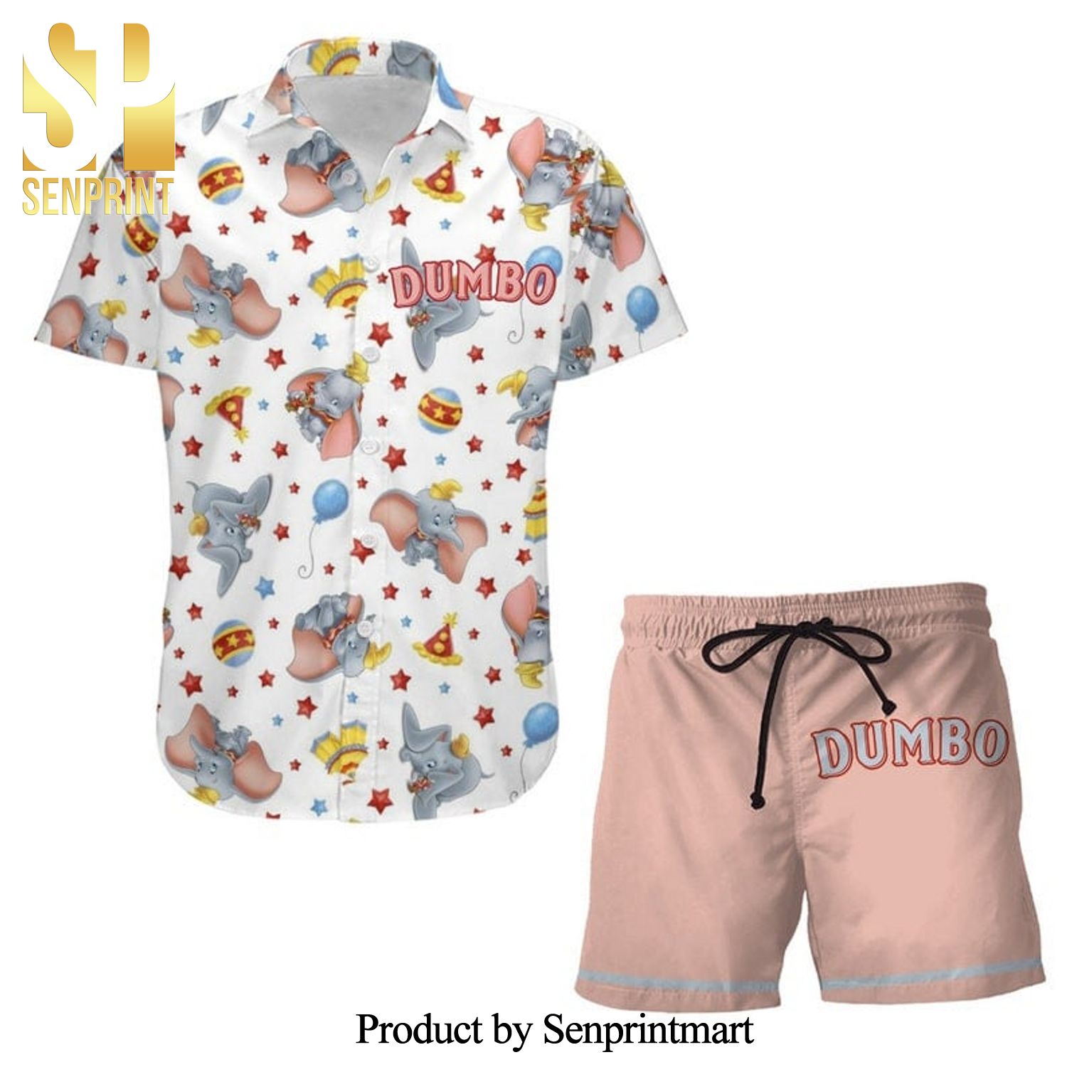 Dumbo Elephant Pattern Disney Cartoon Graphics Full Printing Combo Hawaiian Shirt And Beach Shorts