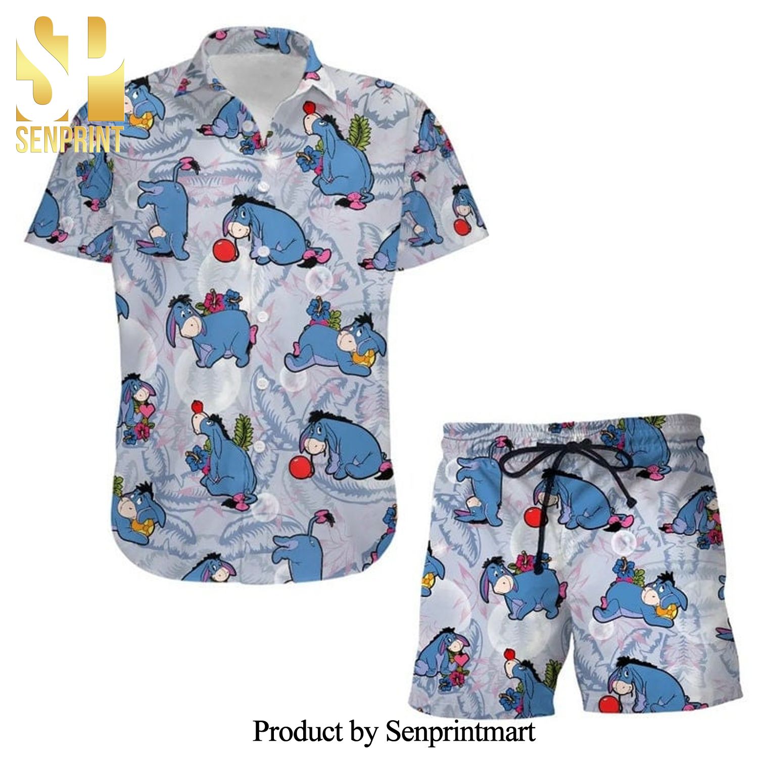 Eeyore Donkey Feather Disney Cartoon Graphics Full Printing Combo Hawaiian Shirt And Beach Shorts