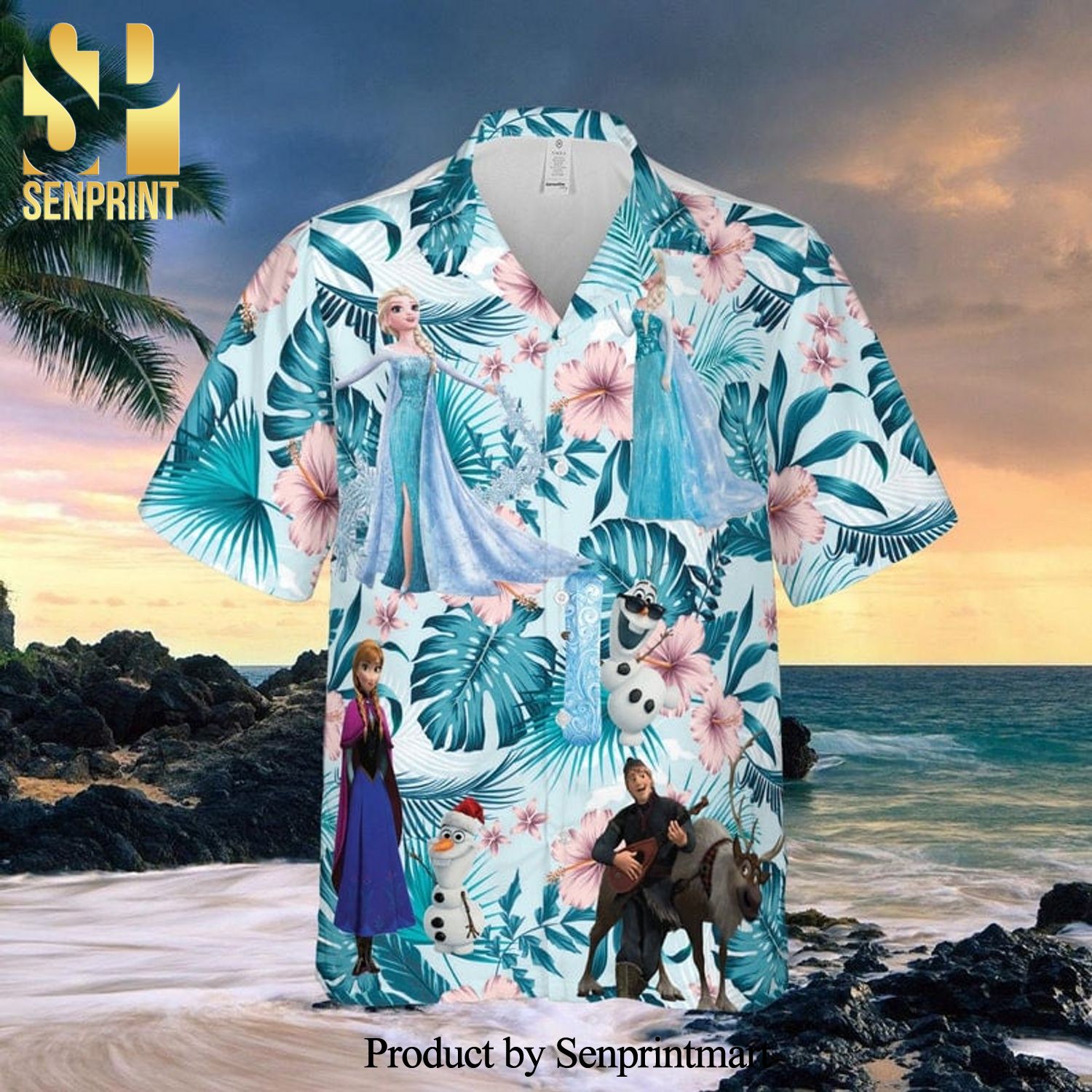 Elsa Anna Frozen Disney Cartoon Graphics Tropical Forest Full Printing Hawaiian Shirt