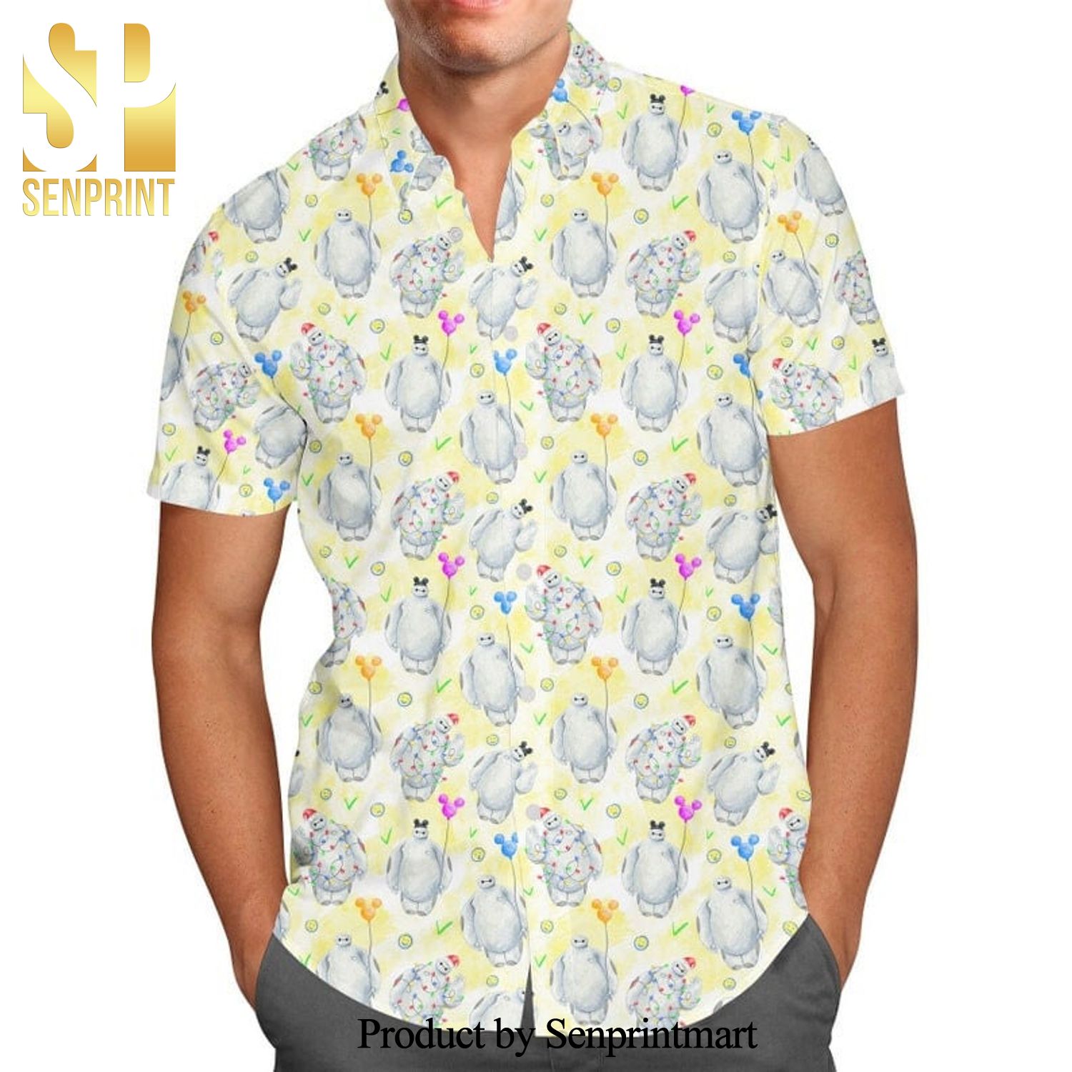 Festive Baymax Disney Cartoon Graphics Full Printing Hawaiian Shirt – Yellow