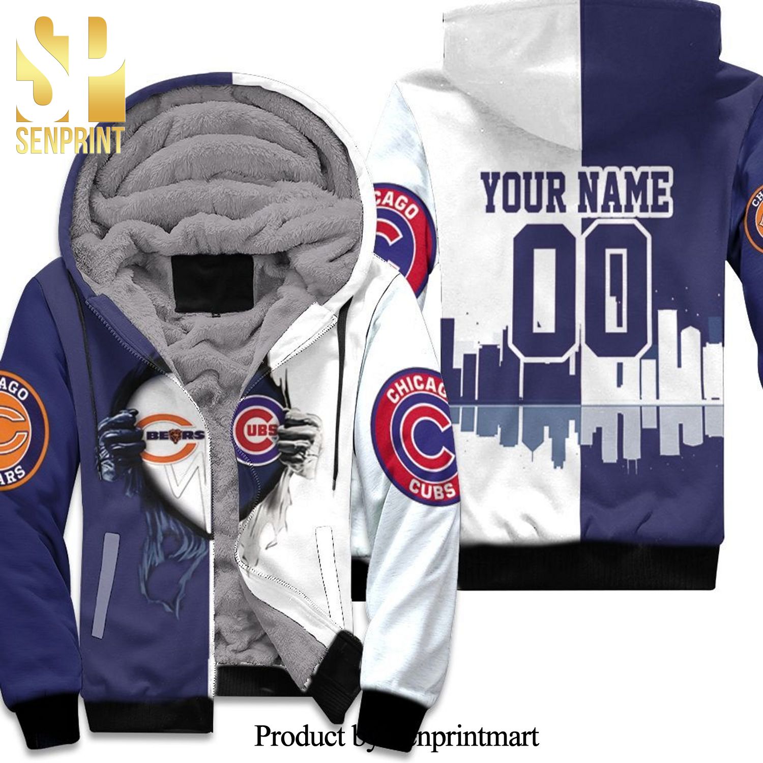 Chicago Bears And Chicago Cubs Heartbeat Love Ripped High Fashion Full Printing Unisex Fleece Hoodie