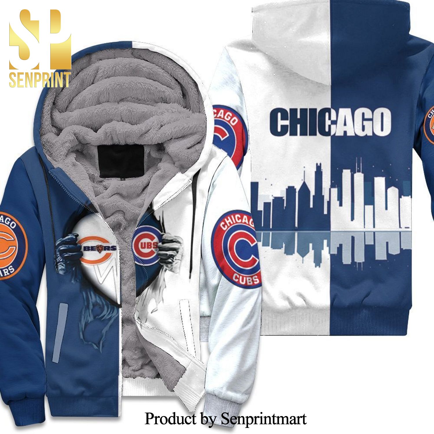 Chicago Bears And Chicago Cubs Heartbeat Love Ripped New Style Full Print Unisex Fleece Hoodie