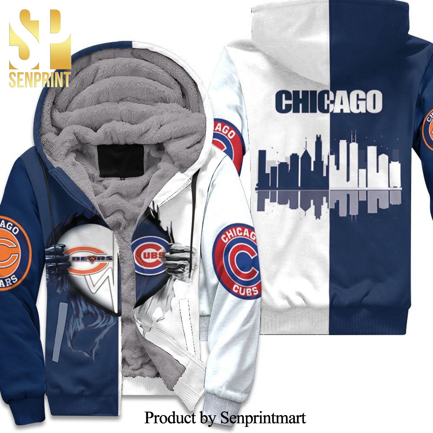 Chicago Bears Chicago Cubs Heartbeat Love Ripped All Over Print Unisex Fleece Hoodie
