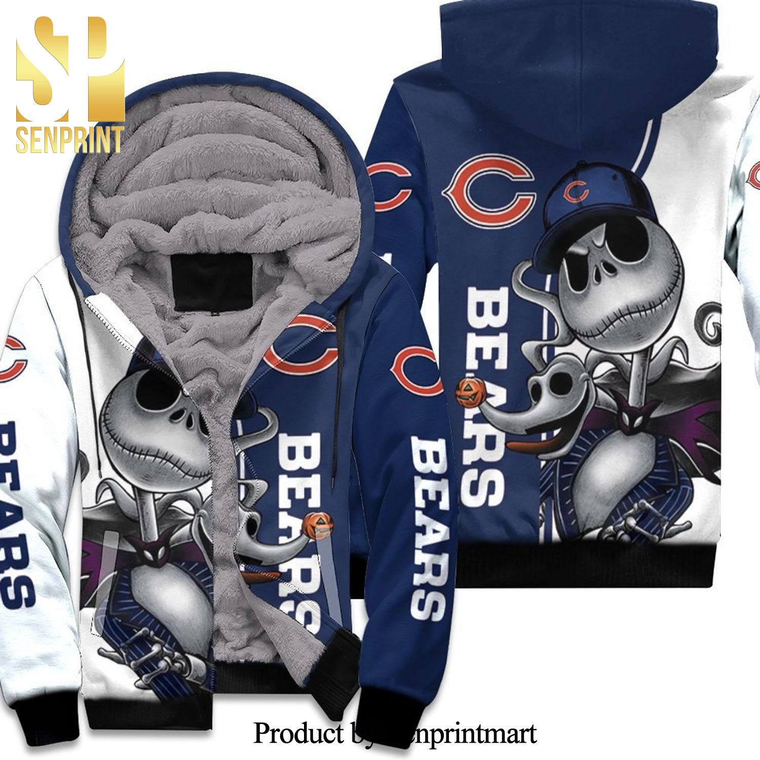 Chicago Bears Jack Skellington And Zero 3D Unisex Fleece Hoodie