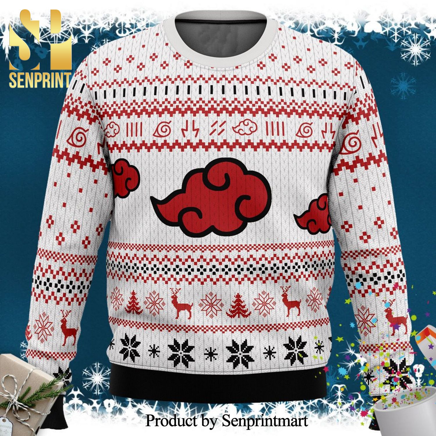 White Christmas Akatsuki Naruto Shippuden Manga Anime Knitted Ugly Christmas Sweater