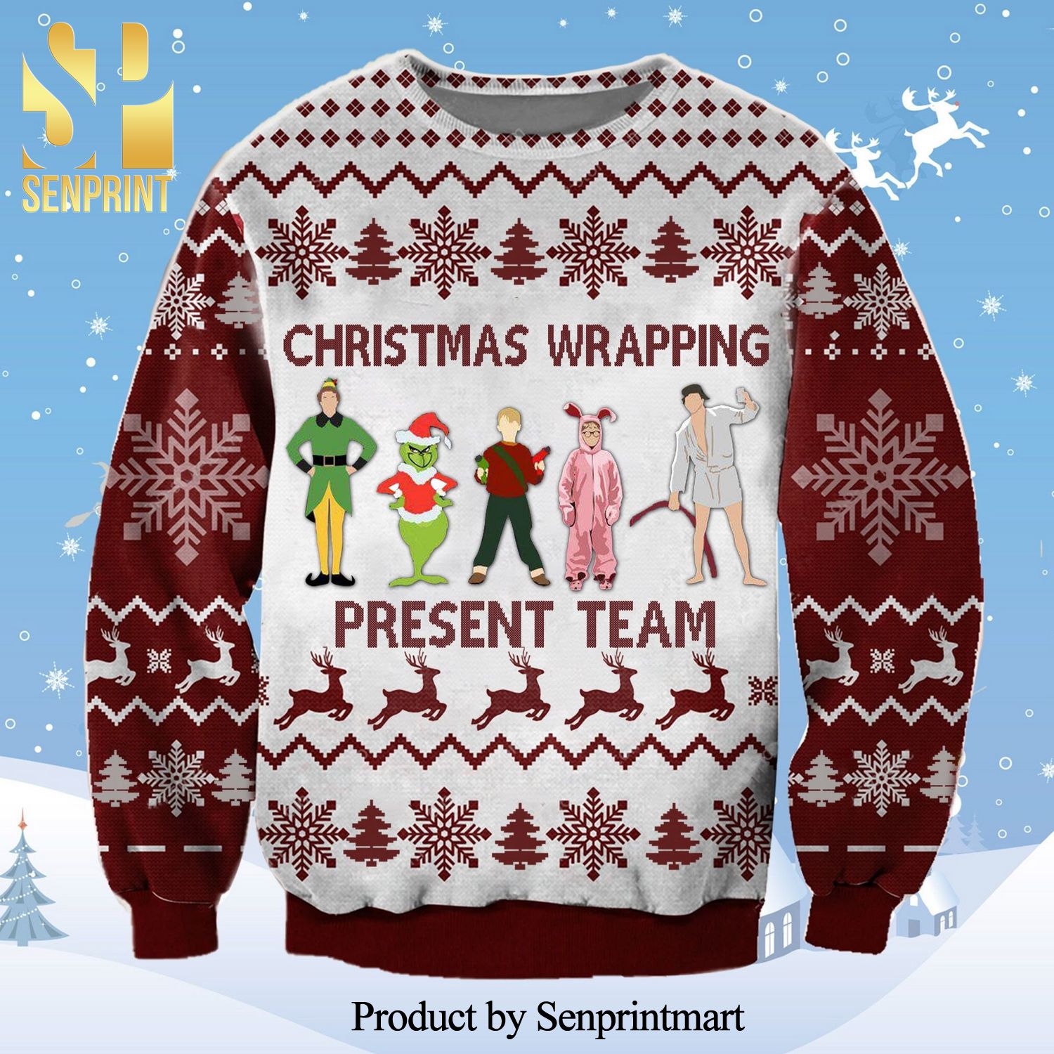 Wrapping Present Team Elf Gricnh Snowflake Knitted Ugly Christmas Sweater