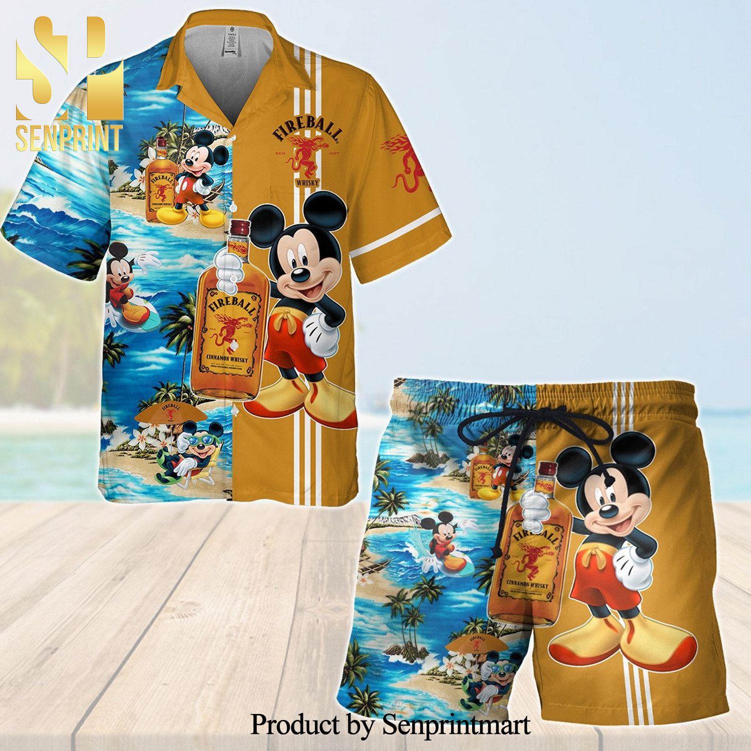 Fireball Cinnamon Whisky Mickey Mouse Full Printing Aloha Summer Beach Hawaiian Shirt And Beach Shorts – Orange