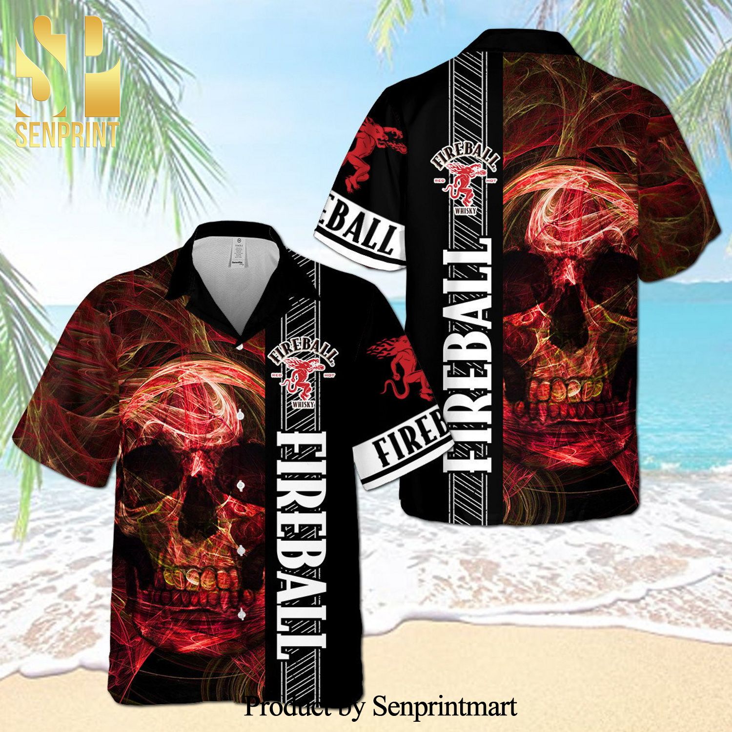 Fireball Cinnamon Whisky Smoky Red Skull Full Printing Aloha Summer Beach Hawaiian Shirt – Black