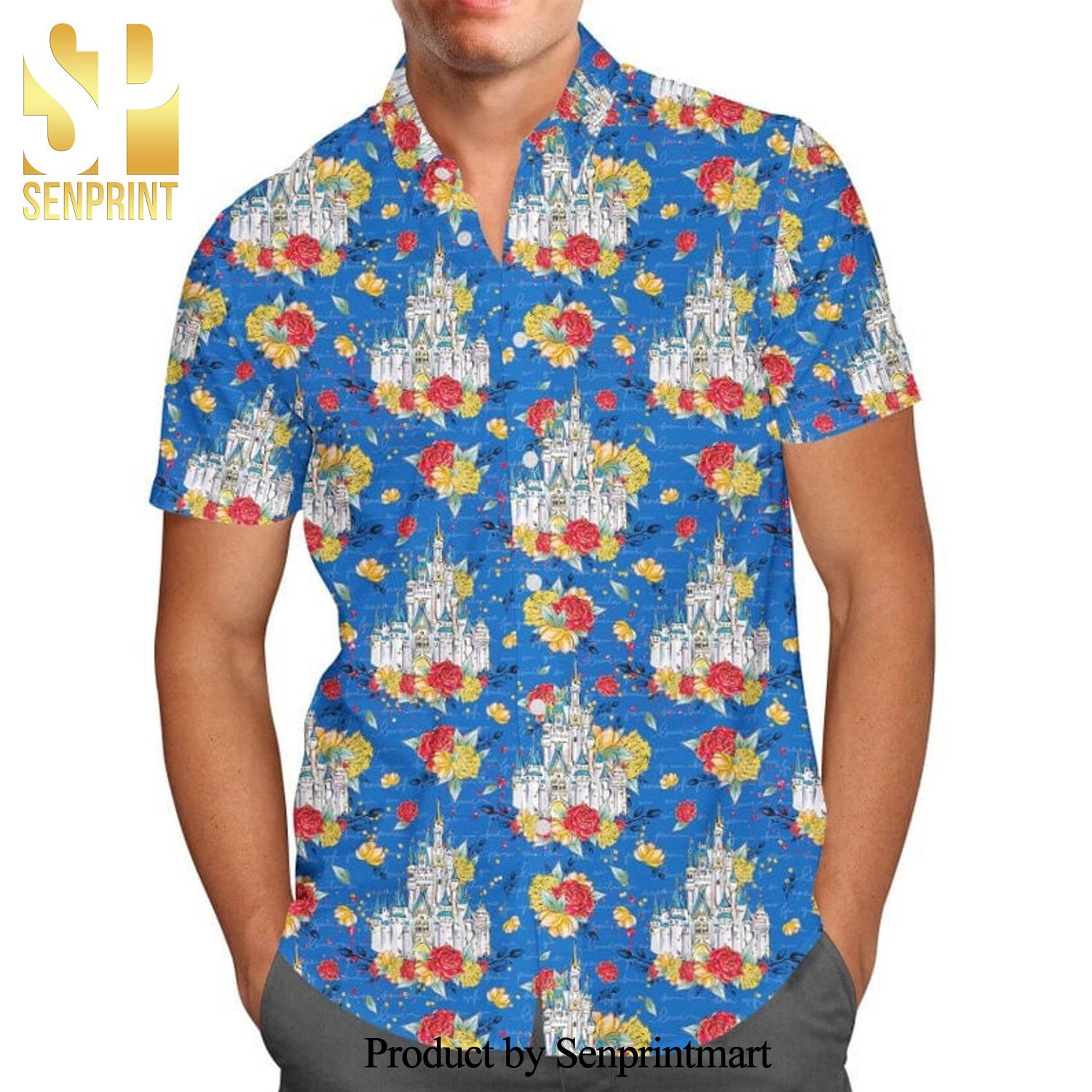 Floral Castle Disney Cartoon Graphics Inspired Full Printing Hawaiian Shirt – Blue