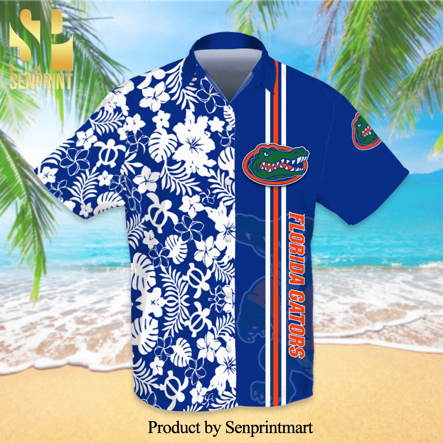 Florida Gators Full Printing Flowery Short Sleeve Dress Shirt Hawaiian Summer Aloha Beach Shirt – Neon Blue