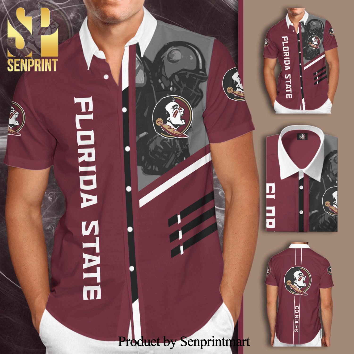 Florida State Seminoles Go Noles Full Printing Short Sleeve Dress Shirt Hawaiian Summer Aloha Beach Shirt – Garnet