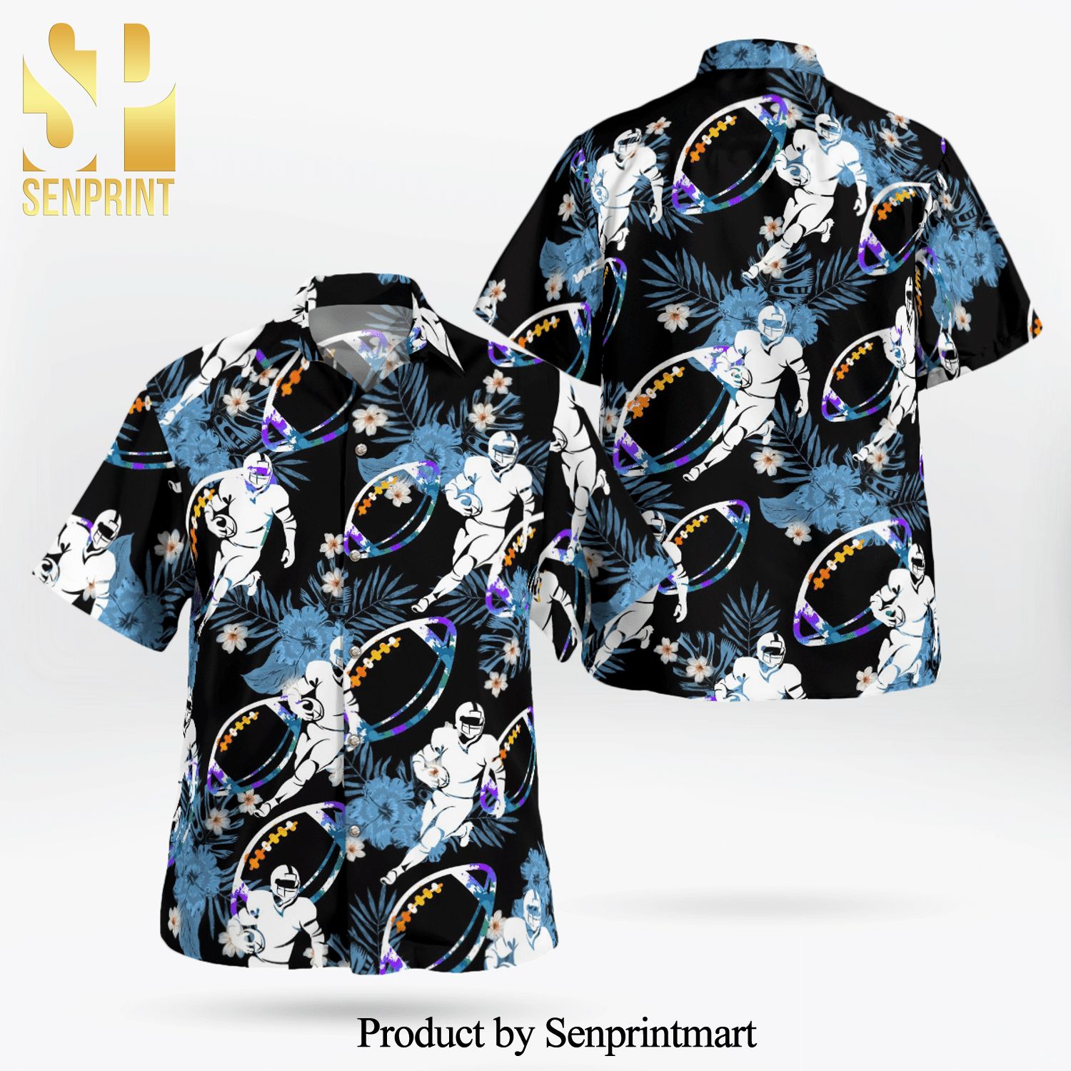 Football Player Full Printing Flowery Aloha Summer Beach Hawaiian Shirt – Black