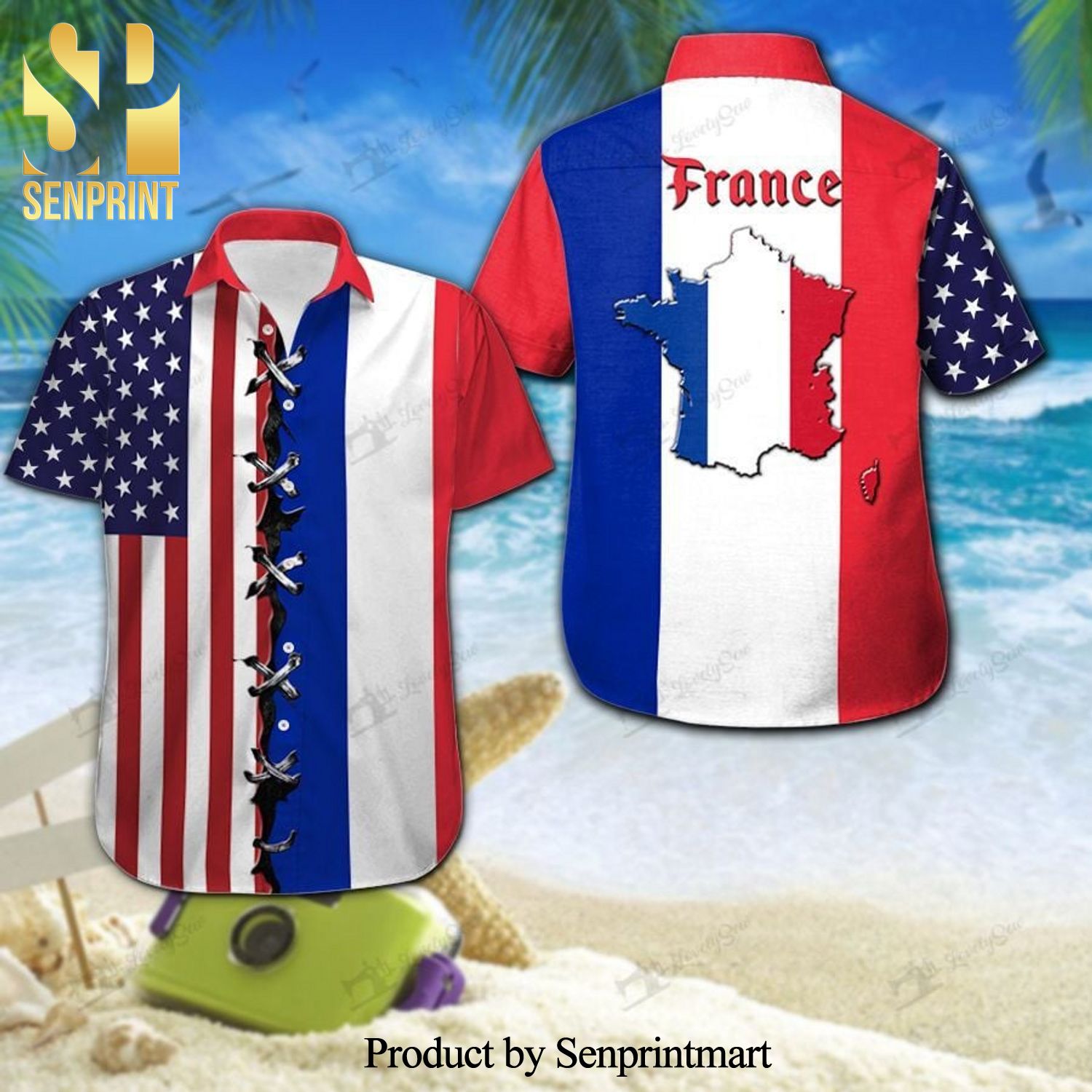 French And American Flag Full Printing Aloha Summer Beach Hawaiian Shirt