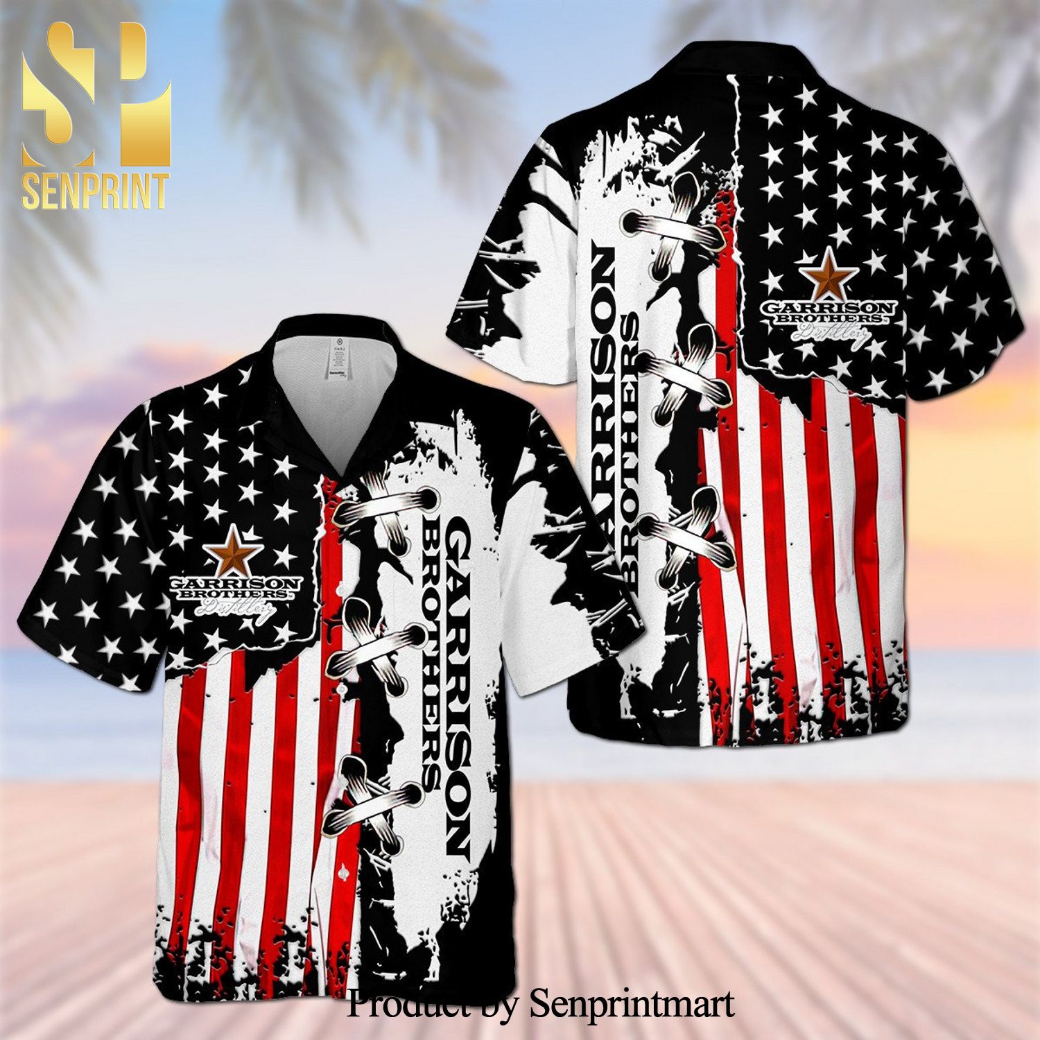 Garrison Brothers Usa Flag Cross Stitch Full Printing Aloha Summer Beach Hawaiian Shirt – Black White