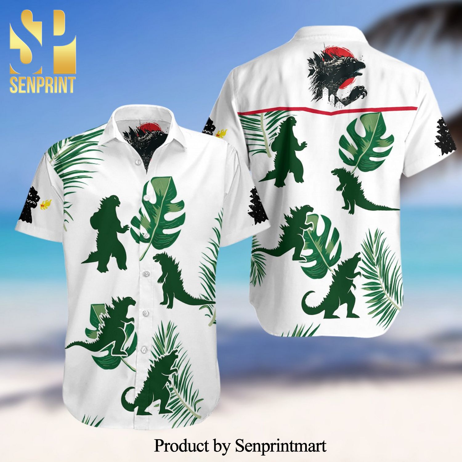 Godzilla Full Printing Summer Short Sleeve Hawaiian Beach Shirt – White