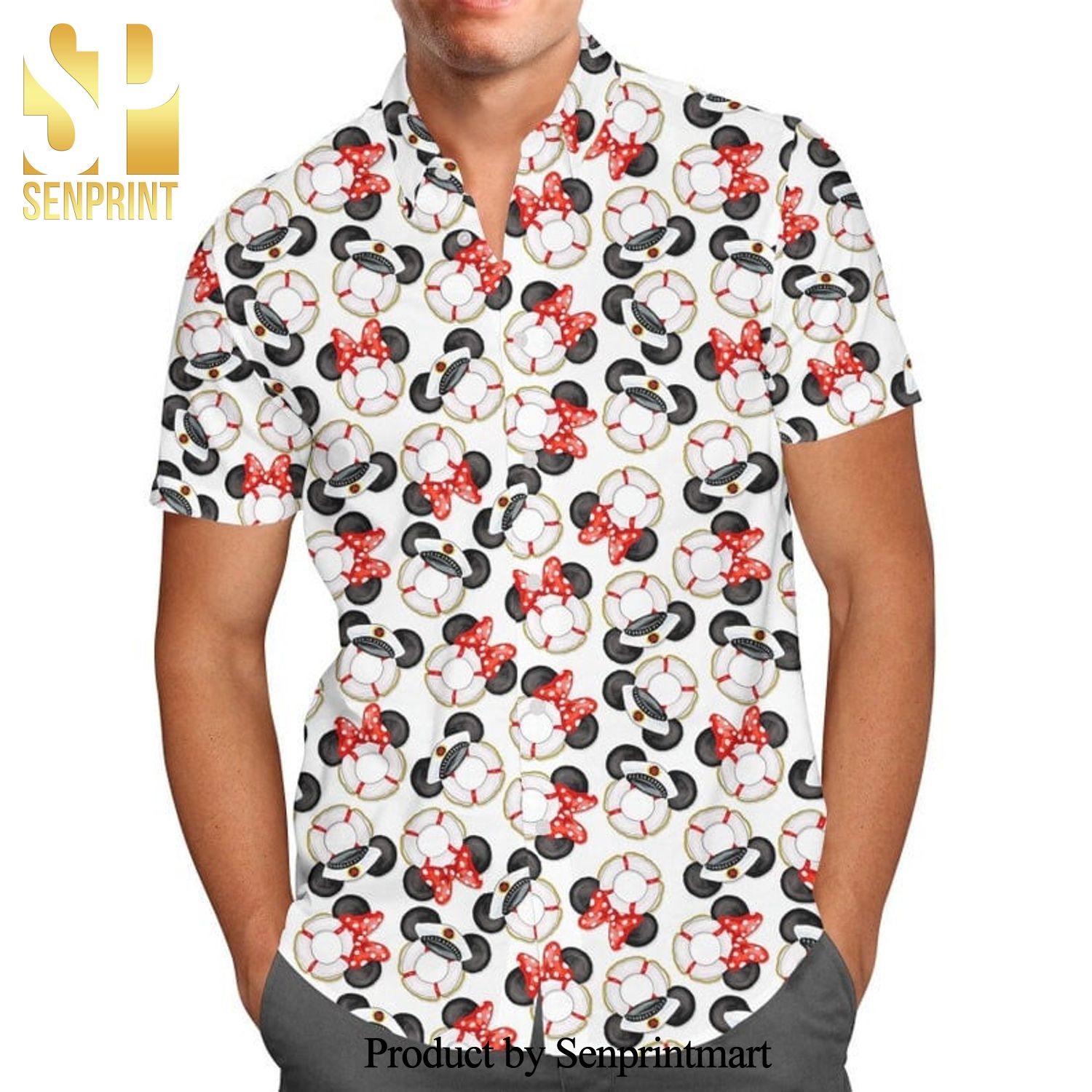 Gone Overboard In White Captain Mickey Ear Pattern Disney Cartoon Graphics Full Printing Hawaiian Shirt – White