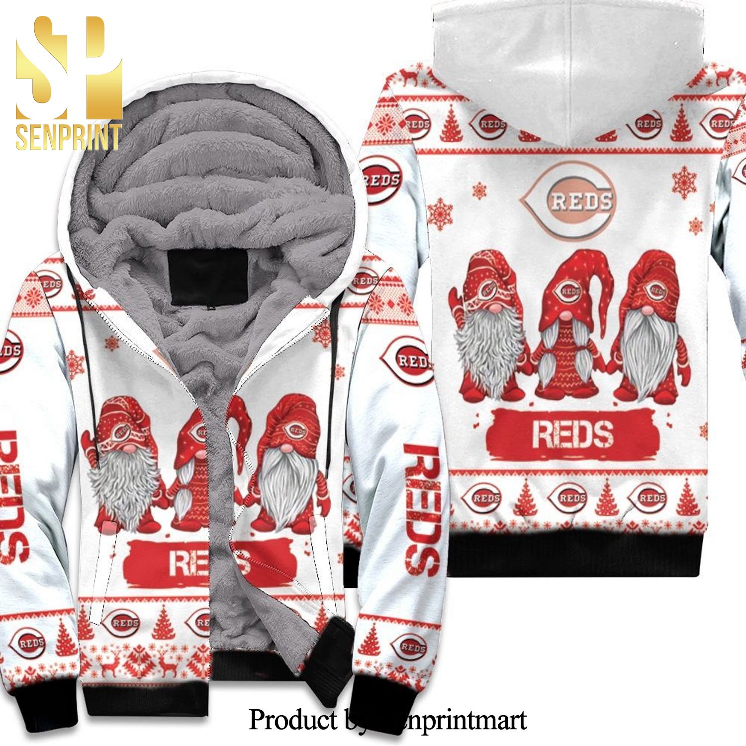 Christmas Gnomes Cincinnati Reds Combo Full Printing Unisex Fleece Hoodie