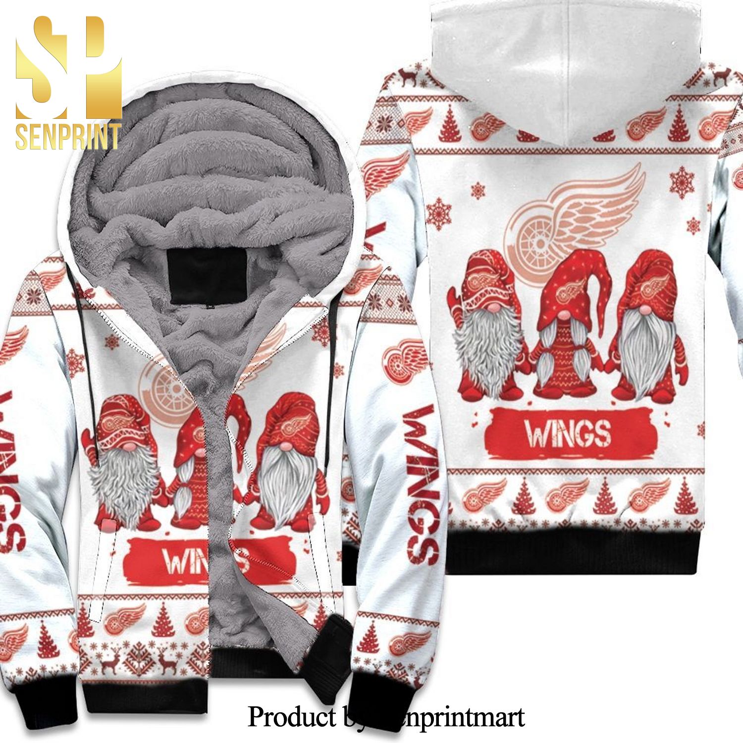 Christmas Gnomes Detroit Red Wings All Over Printed Unisex Fleece Hoodie