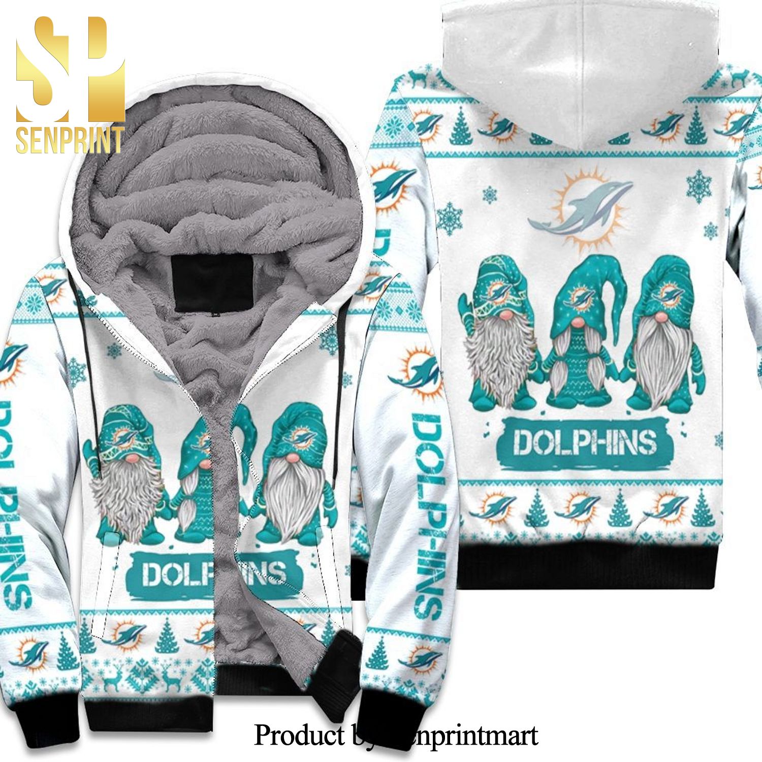 Christmas Gnomes Dolphins Full Printing Unisex Fleece Hoodie