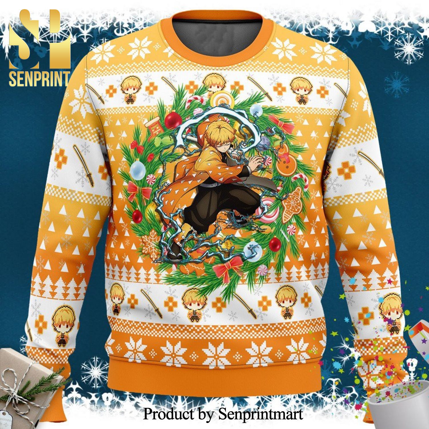 Zenitsu Agatsuma Demon Slayer Wreath Manga Anime Knitted Ugly Christmas Sweater