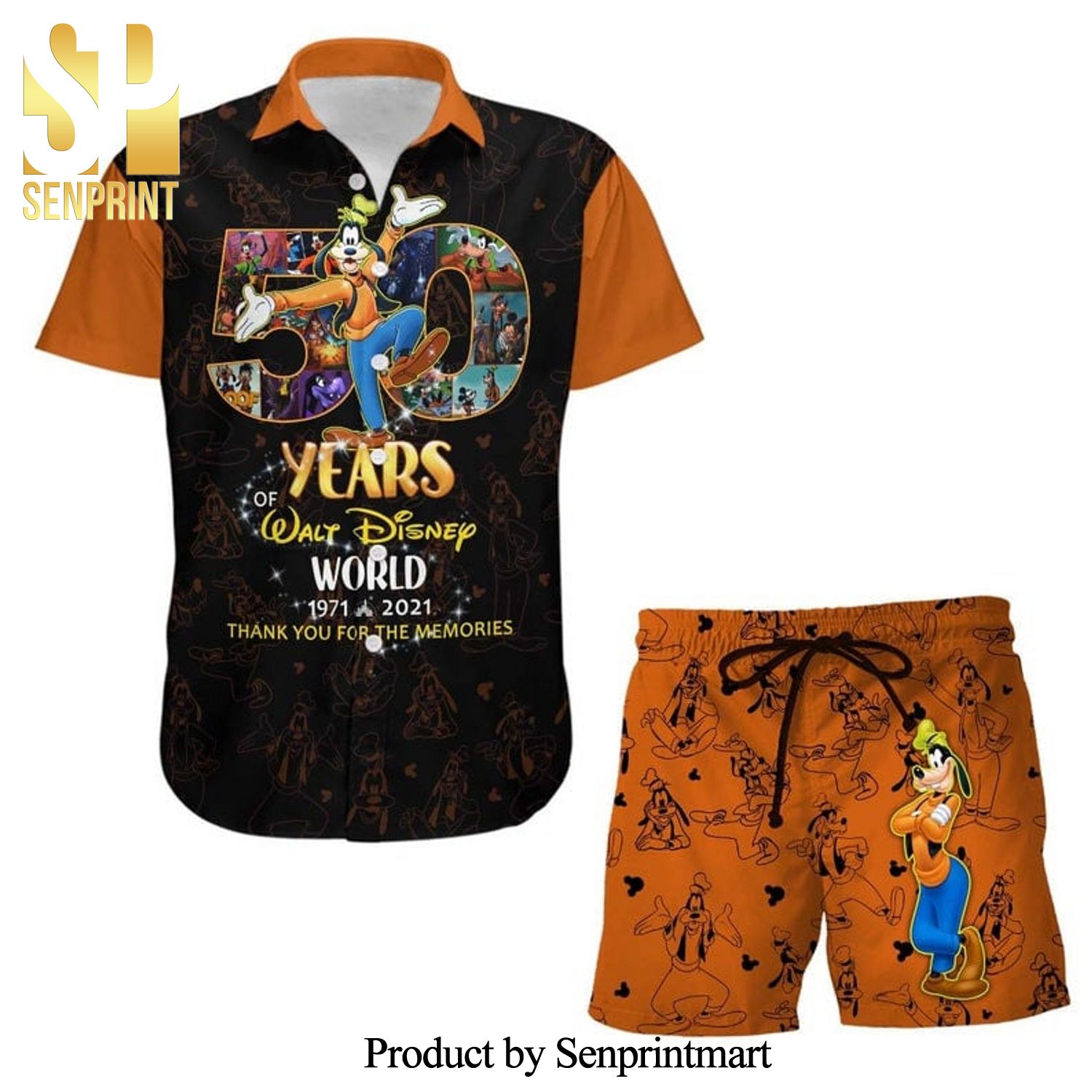 Goofy Dog 50th Anniversary Glitter Disney Castle Full Printing Combo Hawaiian Shirt And Beach Shorts – Black Orange