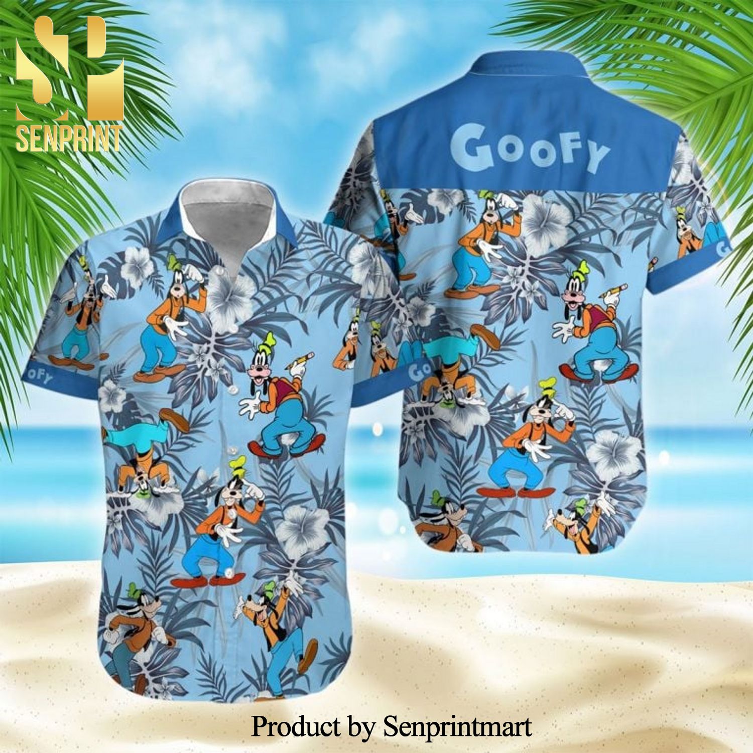 Goofy Dog Disney Cartoon Graphics Blue Hibiscus Full Printing Hawaiian Shirt – Blue