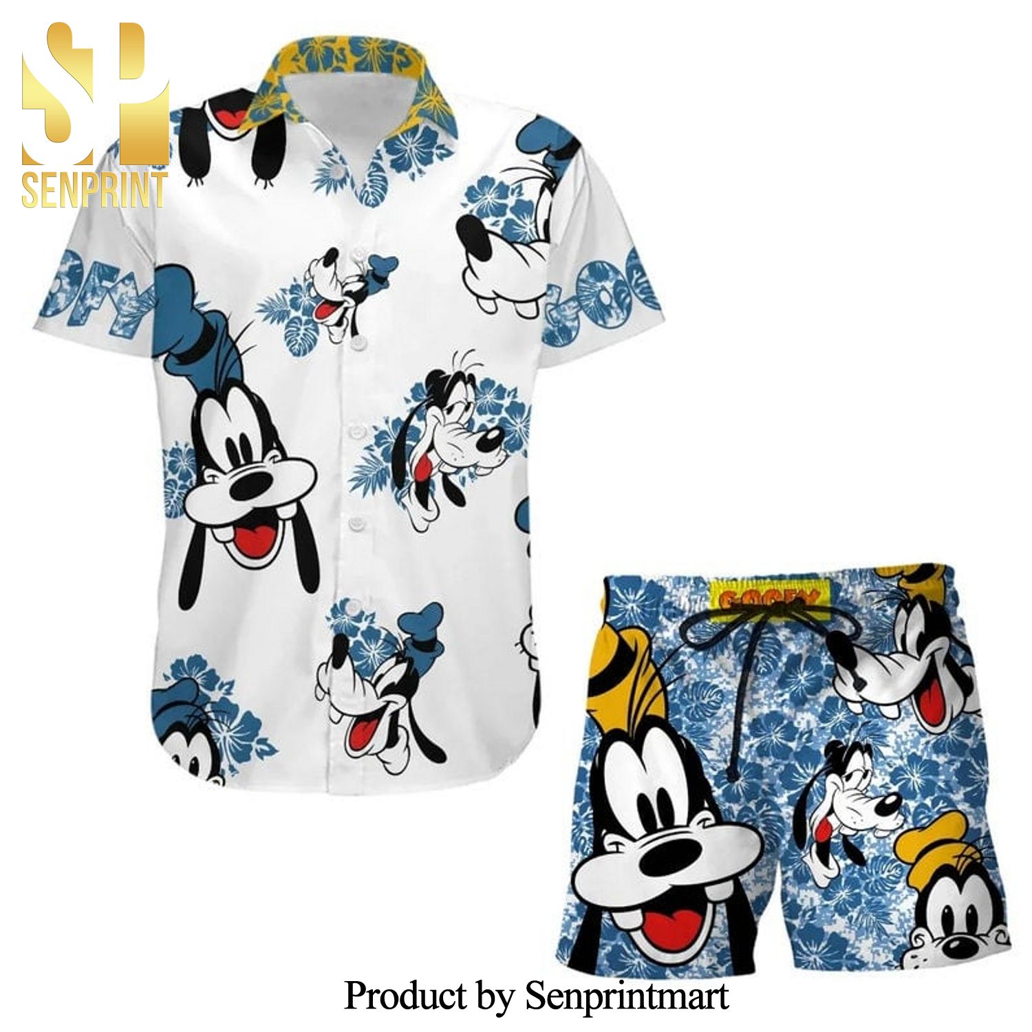 Goofy Dog Hibiscus Disney Cartoon Graphics Full Printing Combo Hawaiian Shirt And Beach Shorts – White Blue