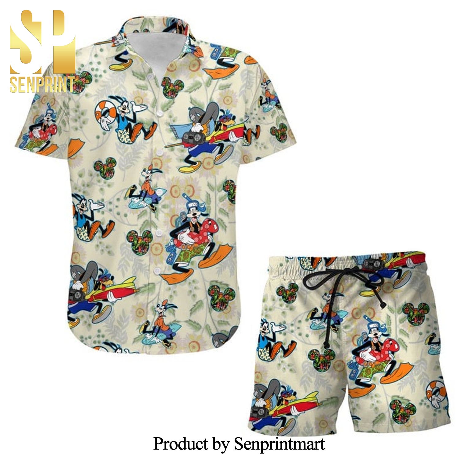 Goofy Dog Surfing Disney Cartoon Graphics Full Printing Combo Hawaiian Shirt And Beach Shorts – Beige