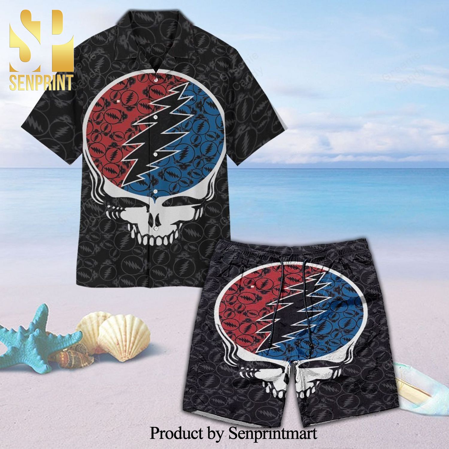 Grateful Dead Full Printing Hawaiian Shirt And Beach Short – Black