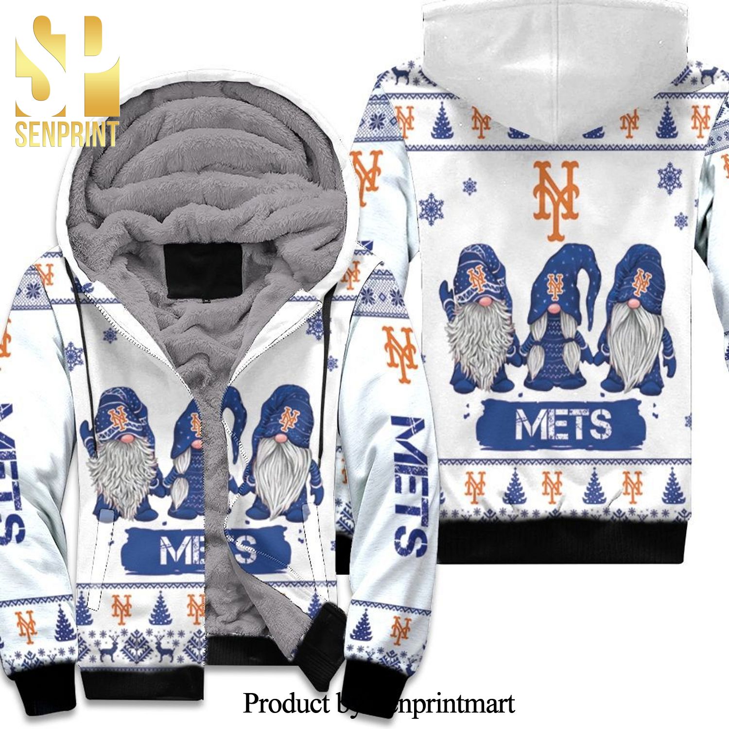 Christmas Gnomes New York Mets Cool Version Full Print Unisex Fleece Hoodie
