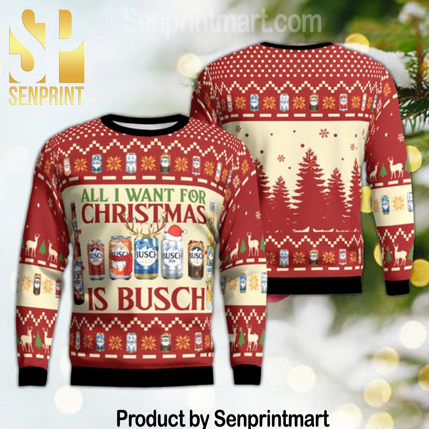 All I Want For Christmas Is Busch Holiday Time All Over Print Knitting Pattern Ugly Christmas Sweater