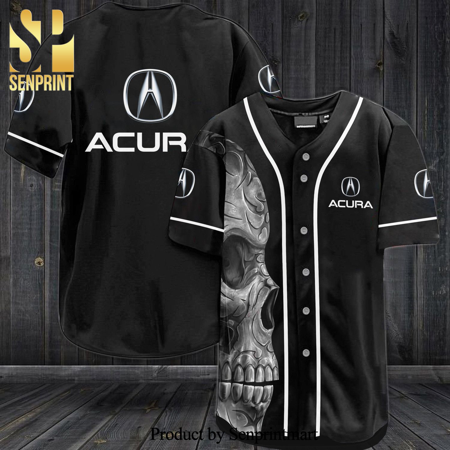 Acura Skull All Over Print Baseball Jersey – Black